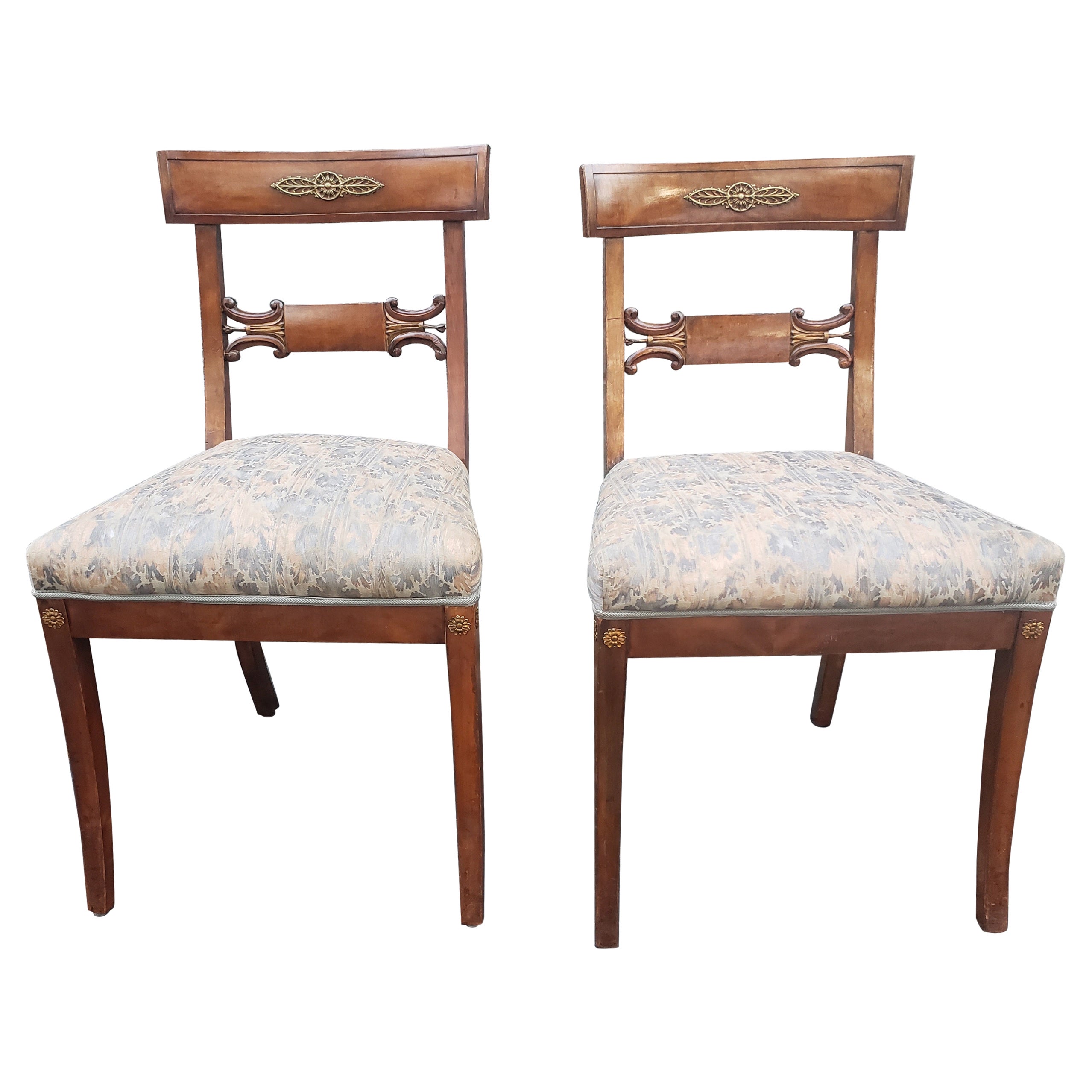 Pair of 19th C Empire Ormolu Mounted, Partial Gilt Mahogany & Upholstered Chairs