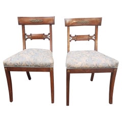 Antique Pair of 19th C Empire Ormolu Mounted, Partial Gilt Mahogany & Upholstered Chairs