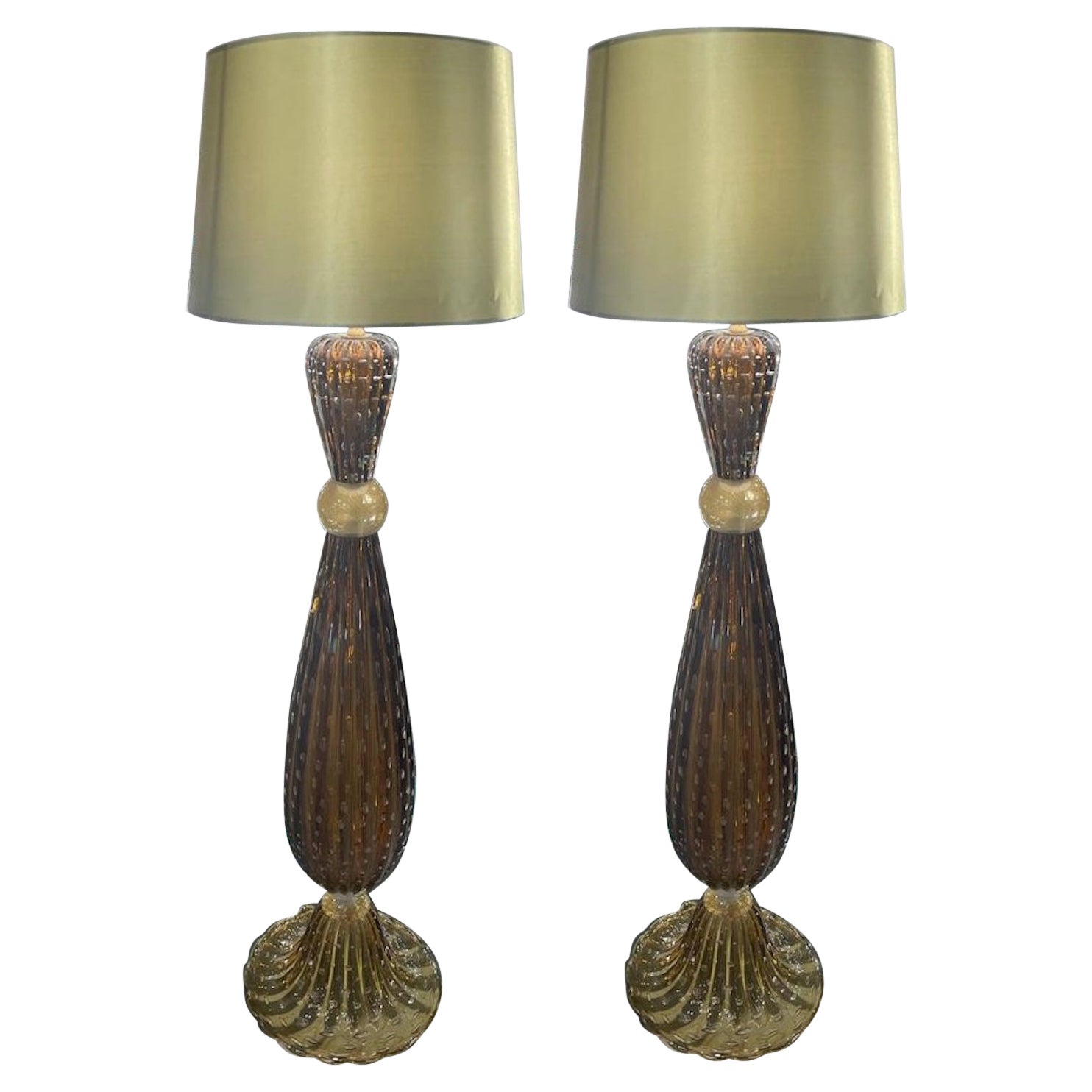 Pair of Murano Glass Tall Lamps in the Style of Barovier For Sale