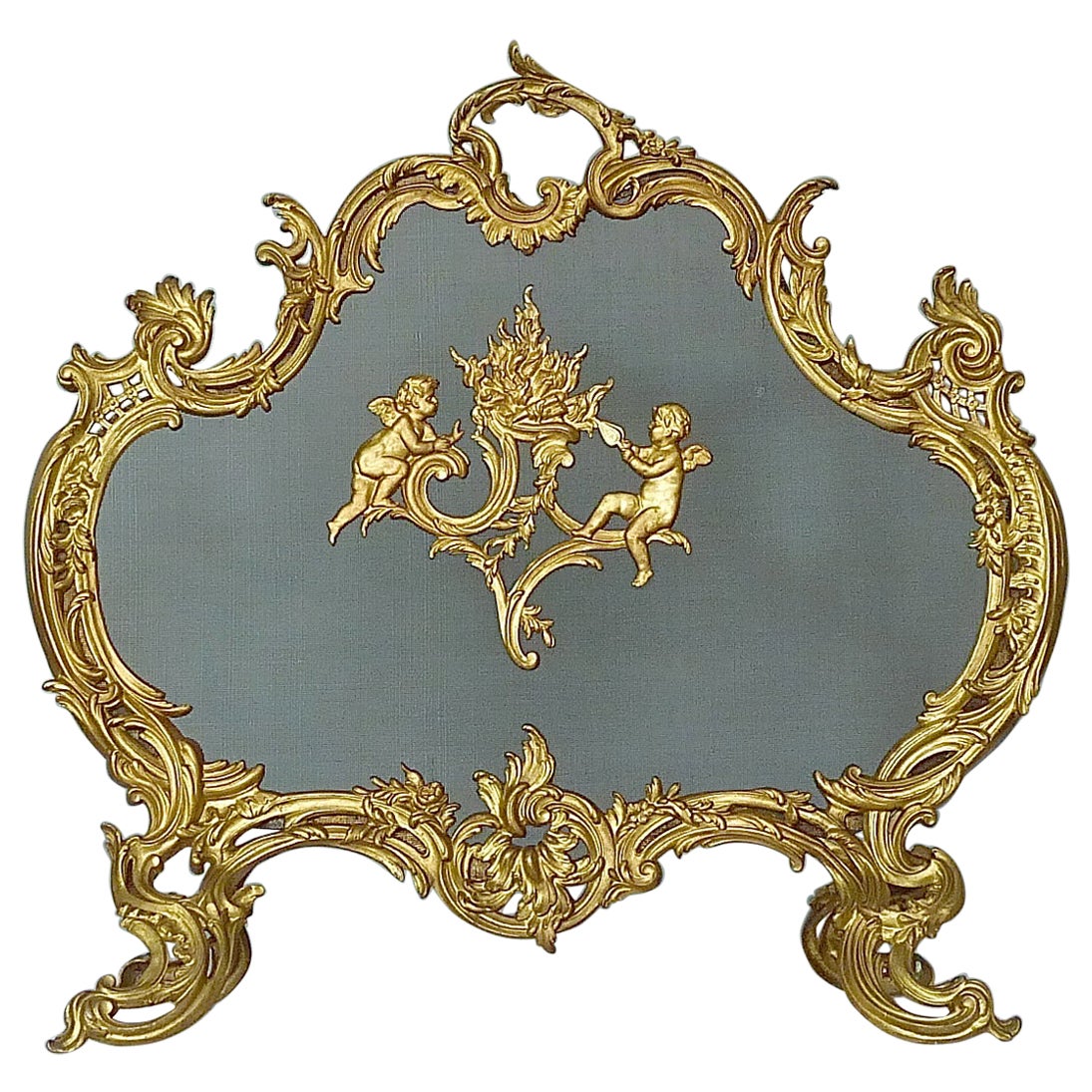 Antique French Gilt Bronze Fire Place Screen 19th Century Cherub Louis XV Style For Sale
