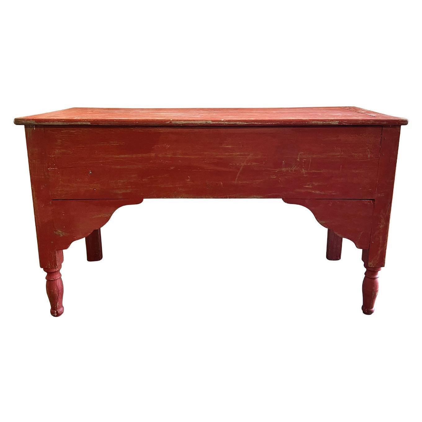 19th Century Red French Antique Oakwood Console Table, Provencal Kitchen Table For Sale