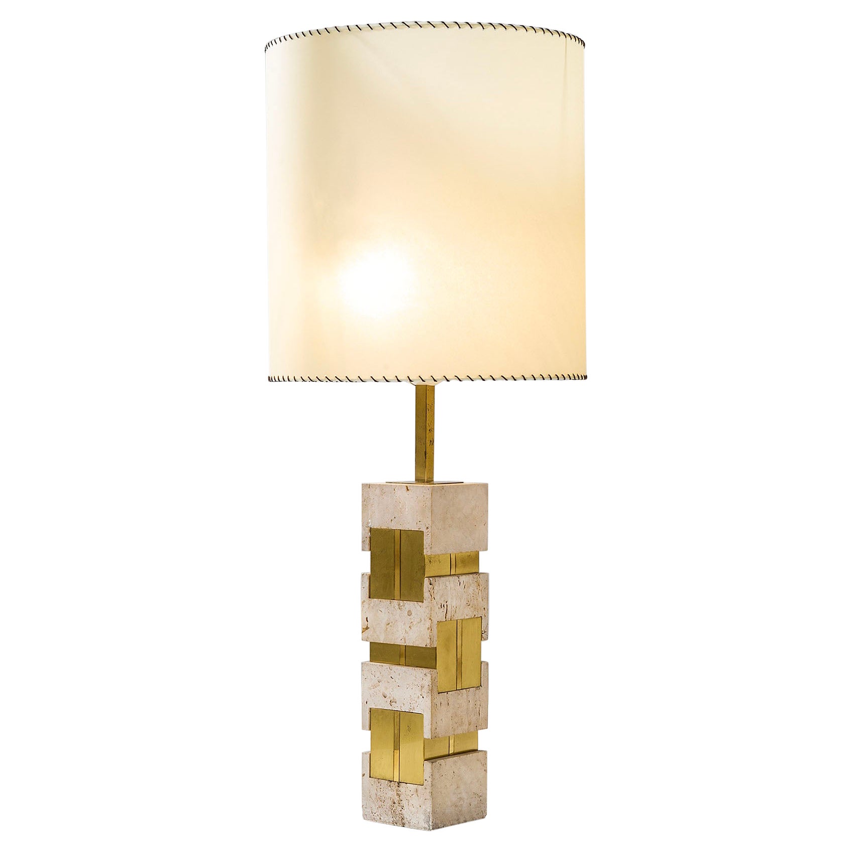 Lampe de table Gaetano Sciolari du 20e siècle en travertin, laiton et métal, années 70 en vente