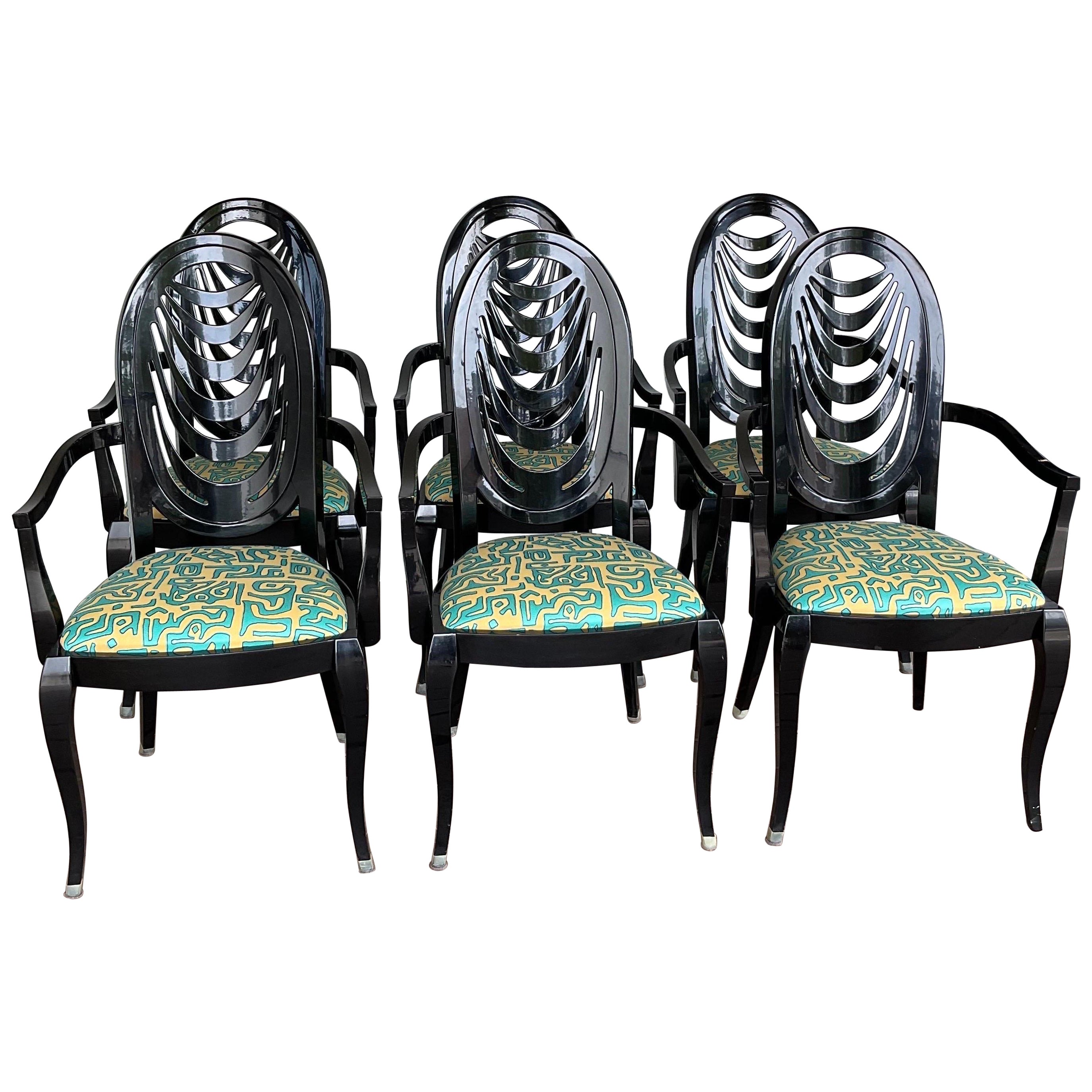 Vintage Pietro Constantini for Ello Black Lacquered Arm Chairs, Set of 6 For Sale