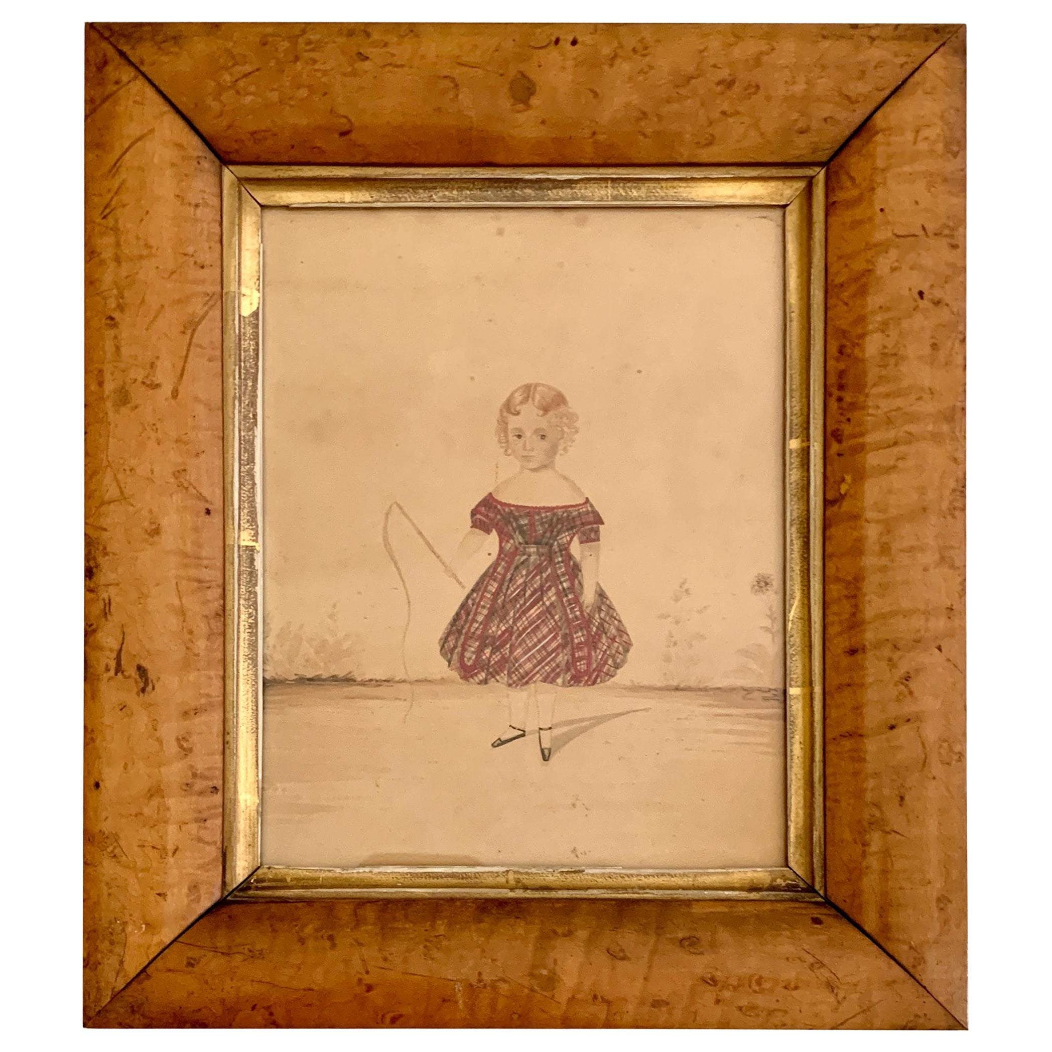 Hand Painted Watercolor Portrait of a Little Girl England Mid-19th Century For Sale