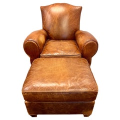 Retro French Leather Cigar Club Chair and Matching Ottoman