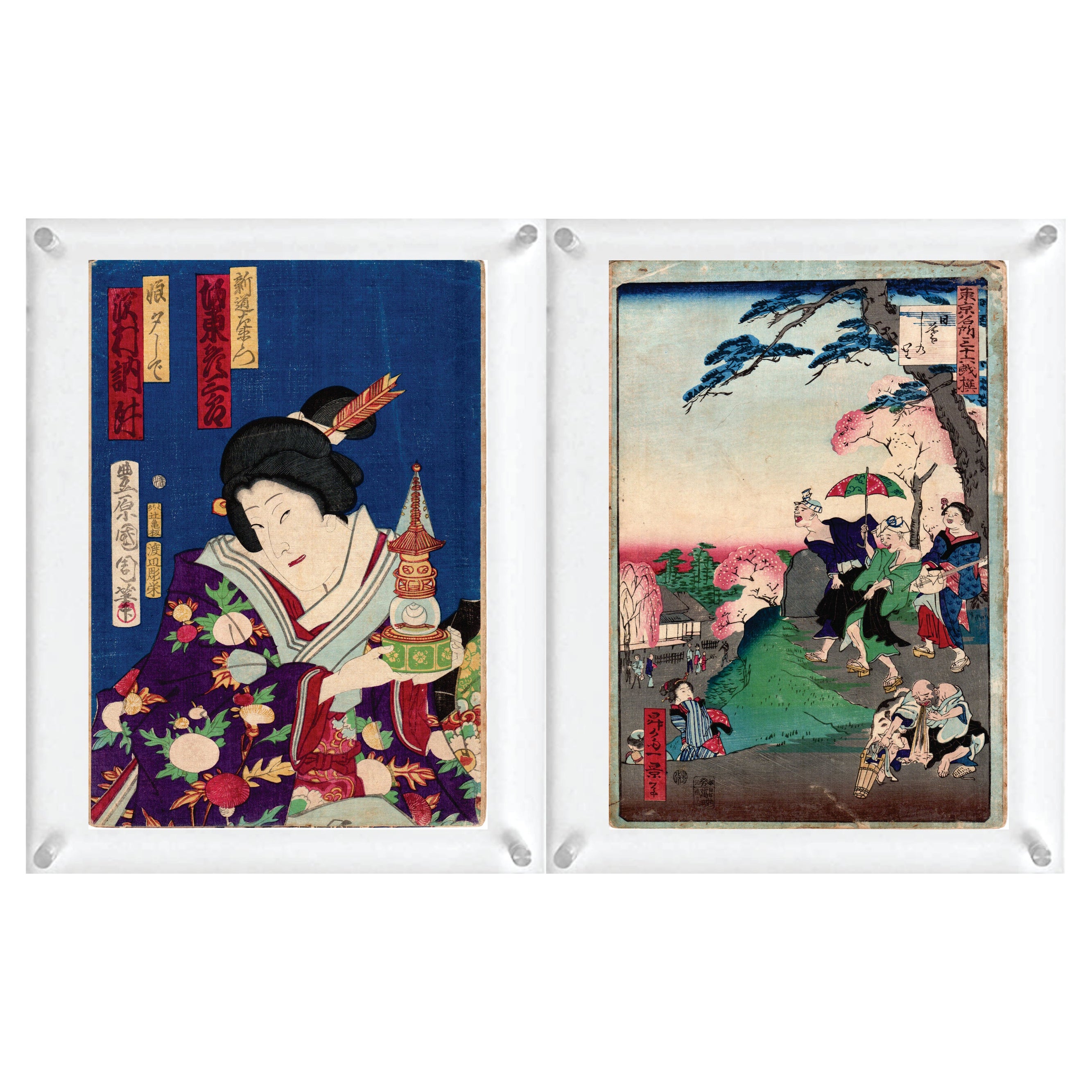 2 stampe su legno giapponesi "Double-Side" di Toyohara Kunichika e Shosai Ikkei