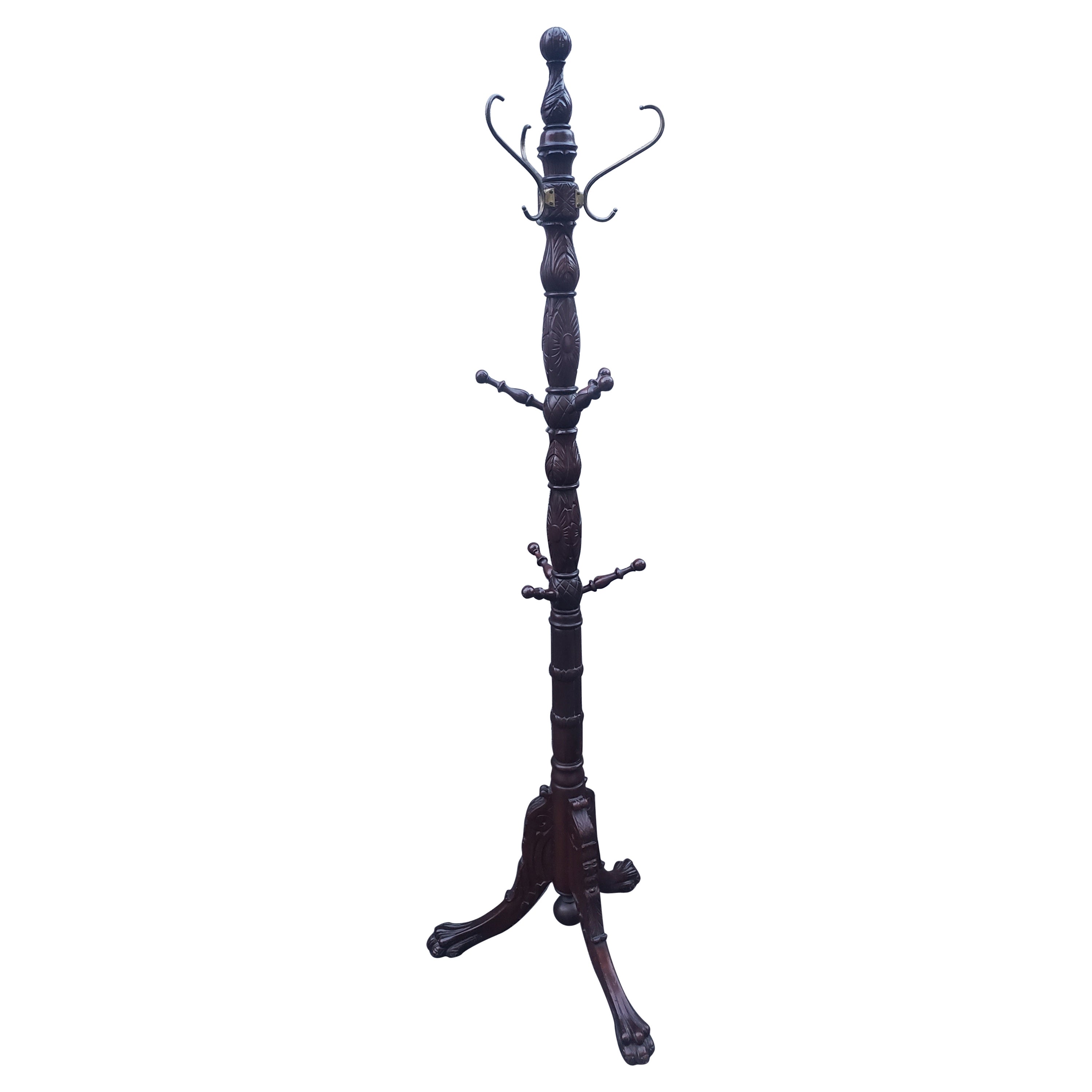 George III Style Hand-Carved Mahogany Coat Rack with Tripod Paw Feet For Sale
