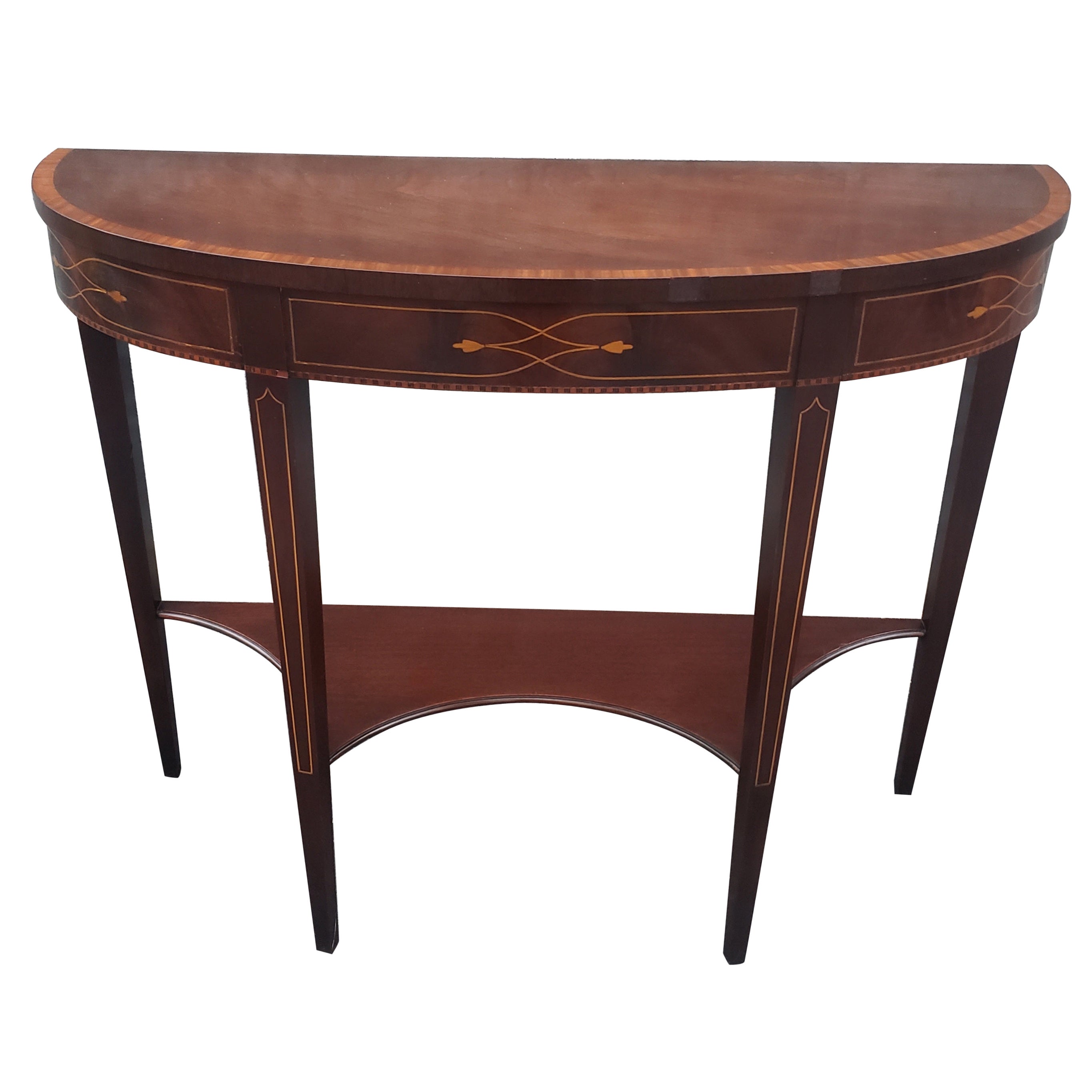 1930s Federal Two-Tier Mahogany and Satinwood Inlaid Demilune Console Table