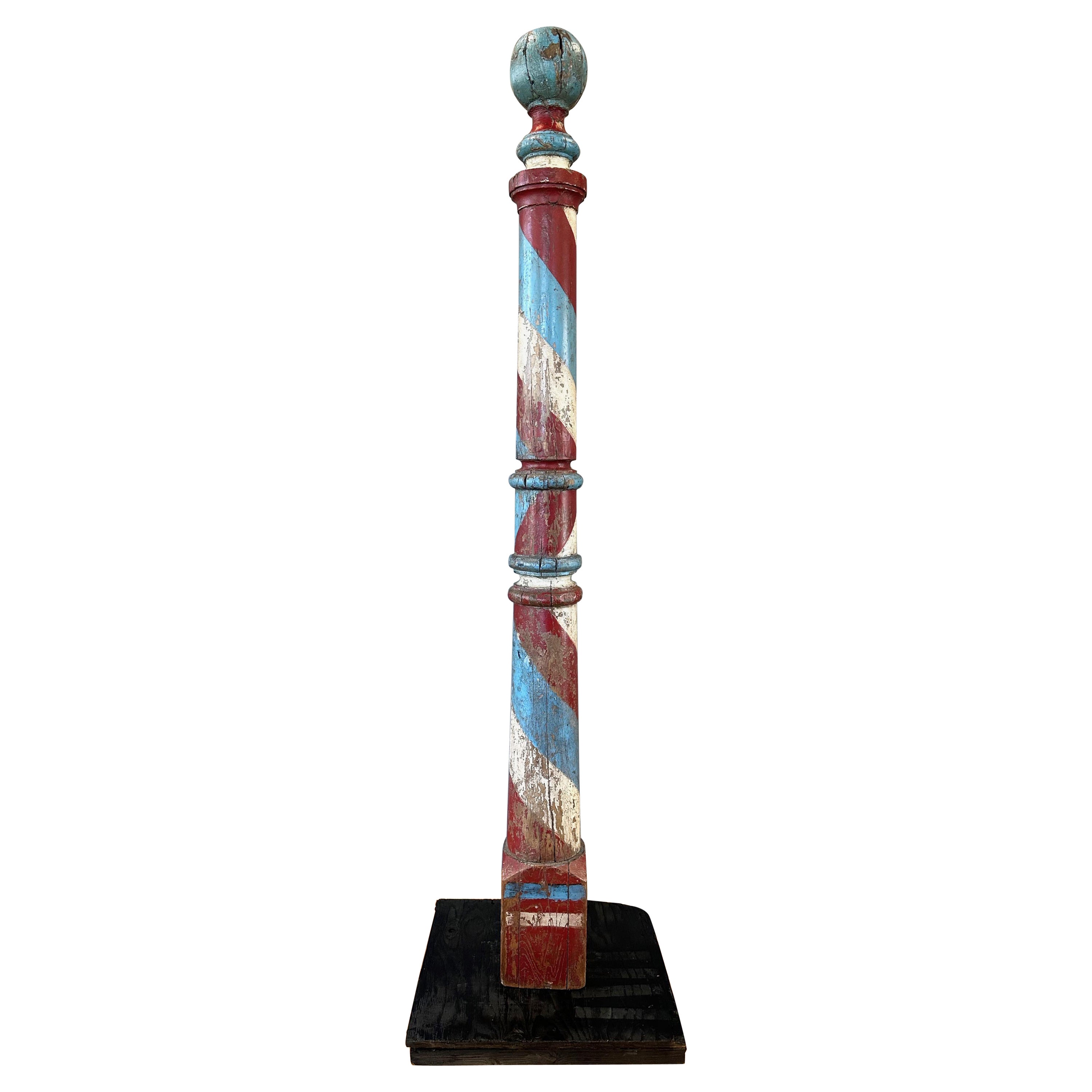 Monumental Antique American Painted Turned Wood Barber Pole, circa 1875