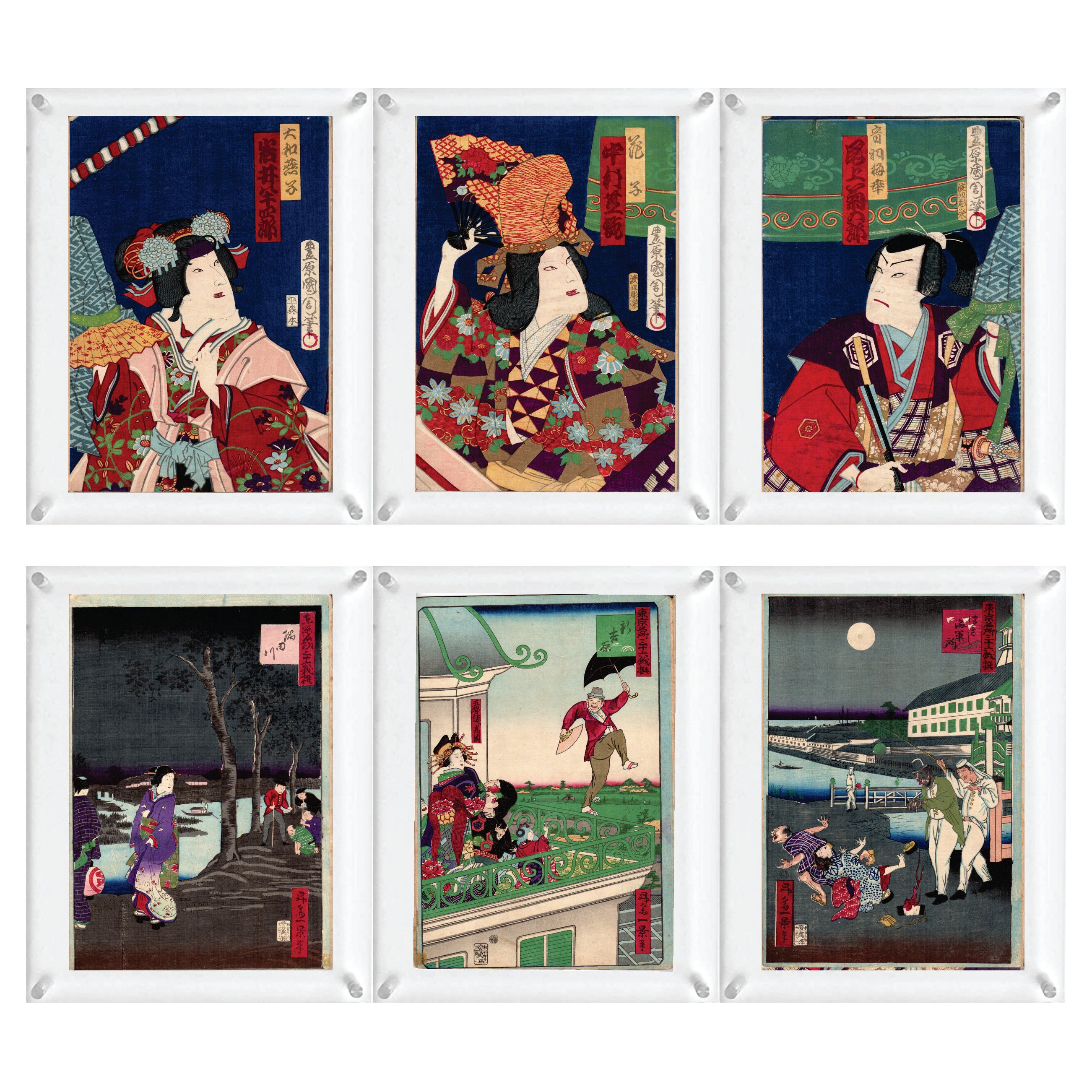 6 stampe su legno giapponesi "Double-Side" di Toyohara Kunichika & Shosai Ikkei