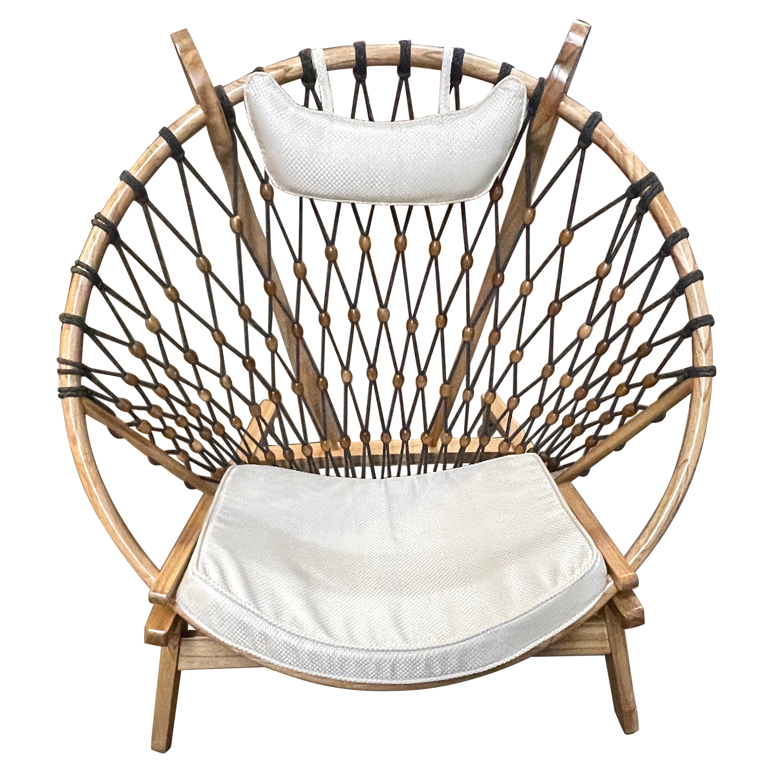 Modern Round 'Snowshoe' Wood & Woven Rope Lounge Chair, 4 Available  For Sale