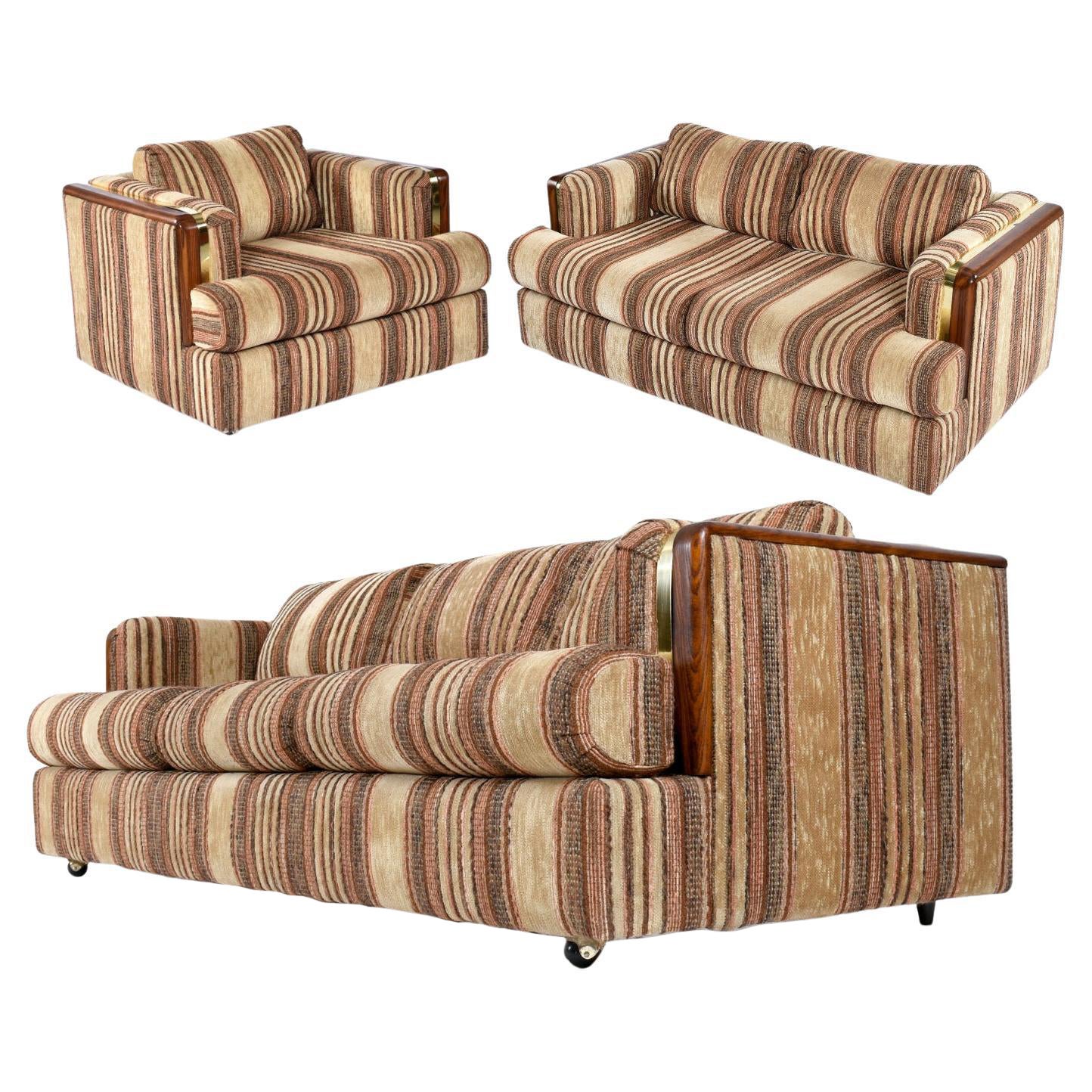 Post Modern Wood and Brass Accent Living Room Set Sofa Love Seat and Armchair