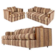 Post Modern Wood and Brass Accent Living Room Set Sofa Love Seat and Armchair