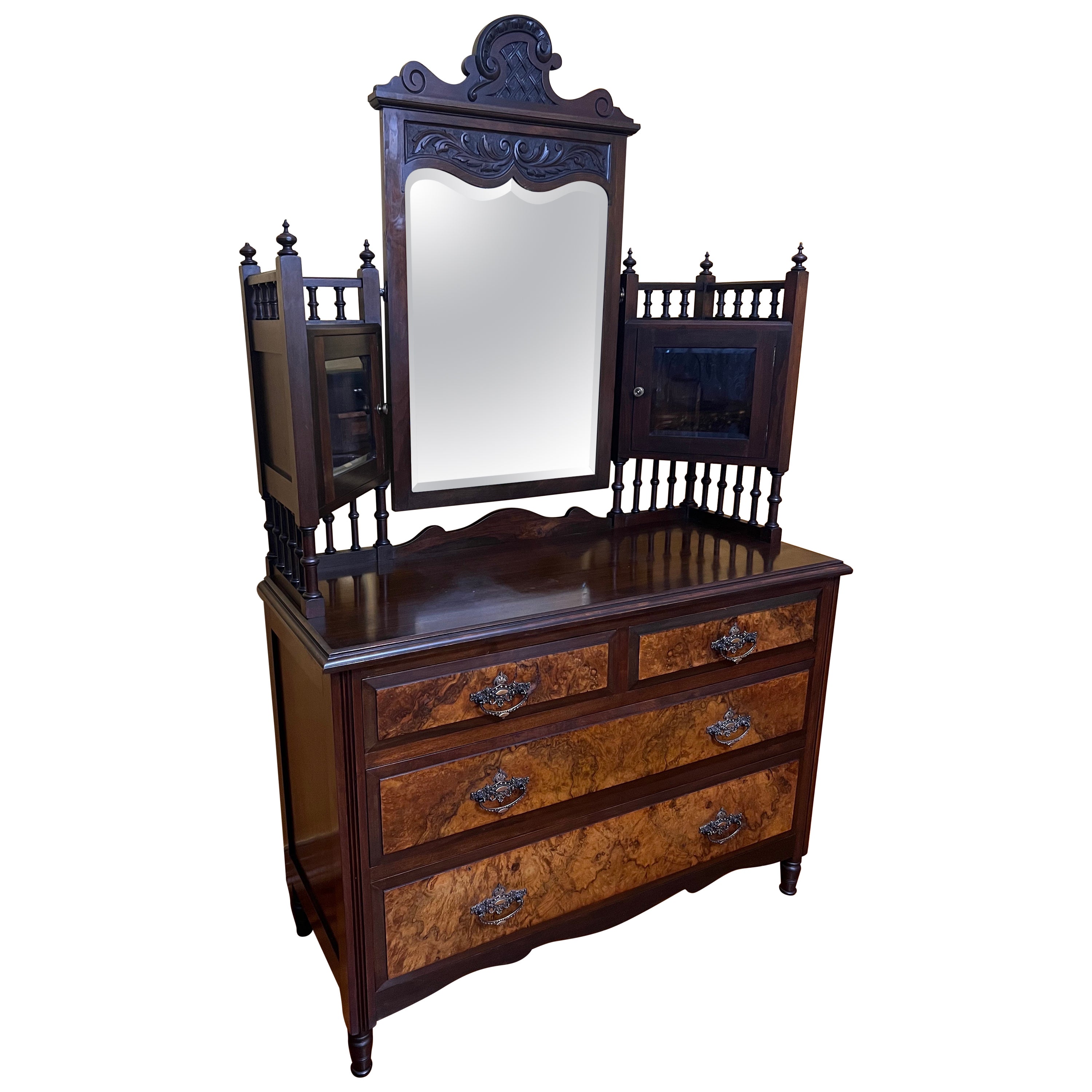 Antique Walnut Dressing Table Four Drawers with Mirror For Sale