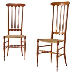 Pair of Cane and Beech ''Spade'' High Back Chairs Made in Chiavari, Italy 1960s
