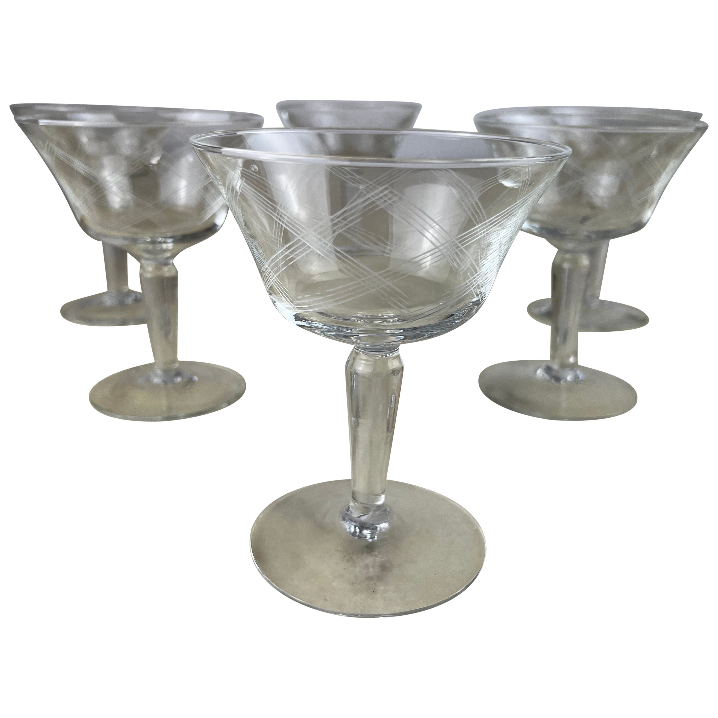 Six Hand Engraved Crystal Champagne Glasses, Italy, 1960s For Sale