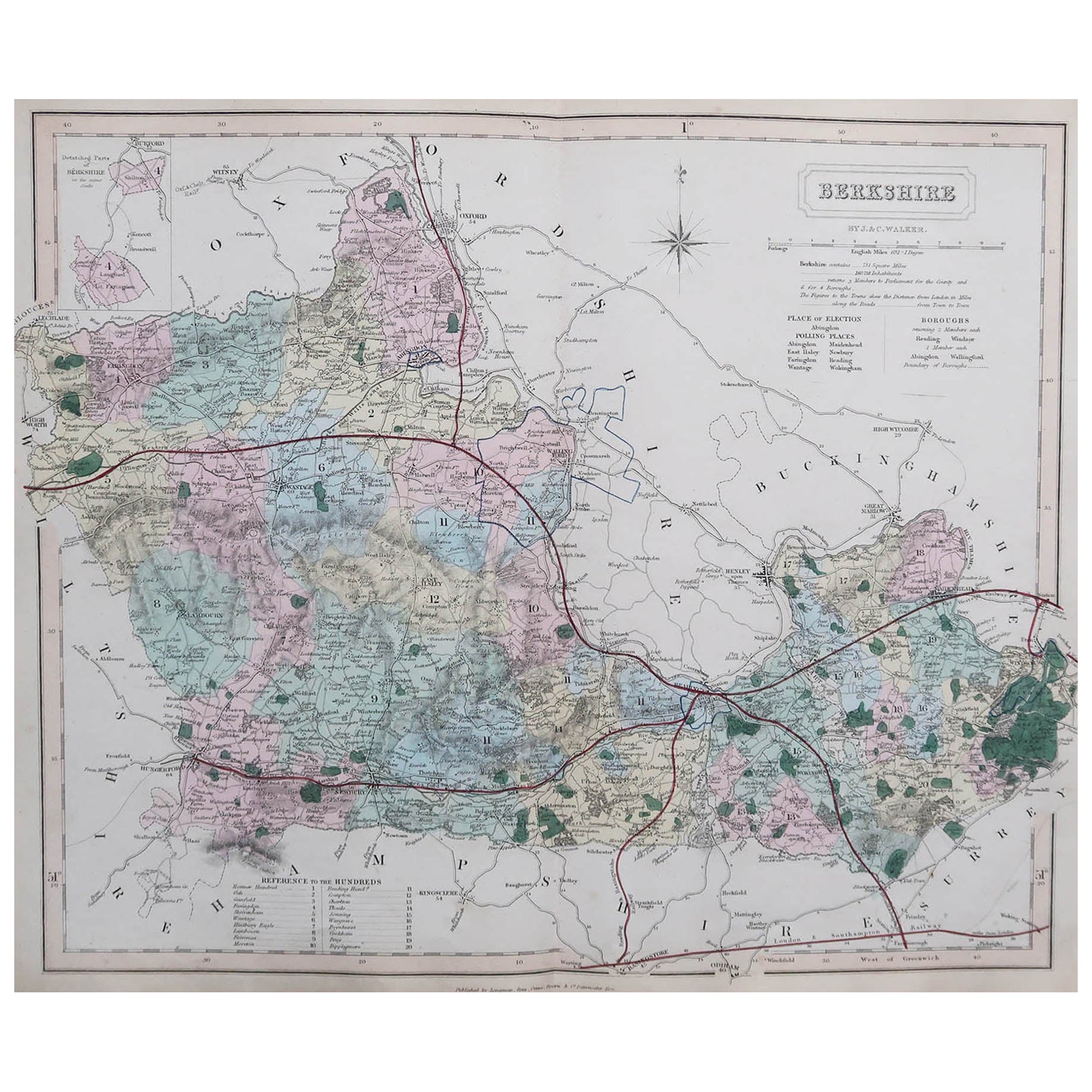 Original Antique English County Map, Berkshire. J & C Walker, 1851 For Sale