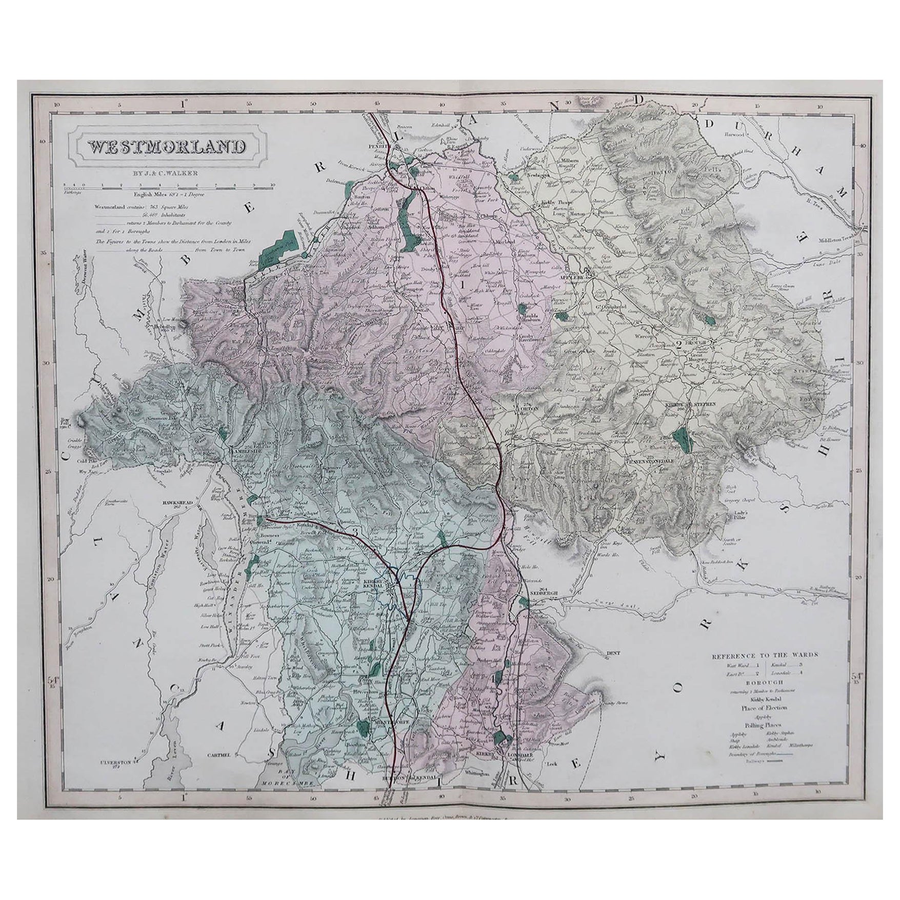 Original Antique English County Map, Cumbria, J & C Walker, 1851