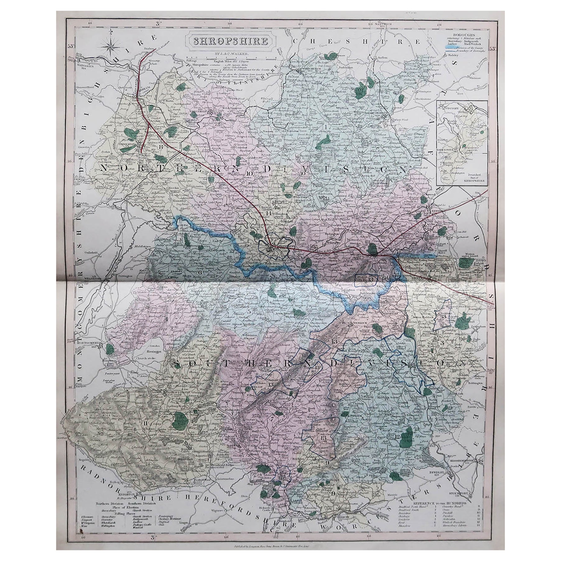 Original Antique English County Map, Shropshire. J & C Walker, 1851 For Sale