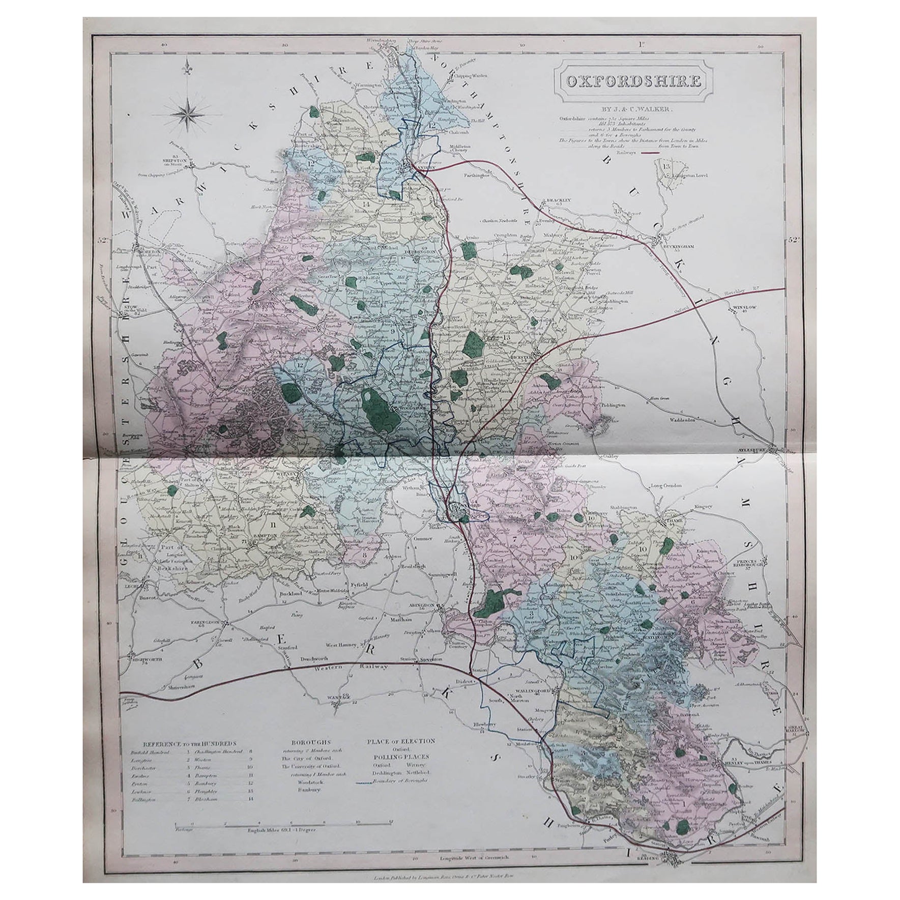 Original Antique English County Map, Oxfordshire, J & C Walker, 1851