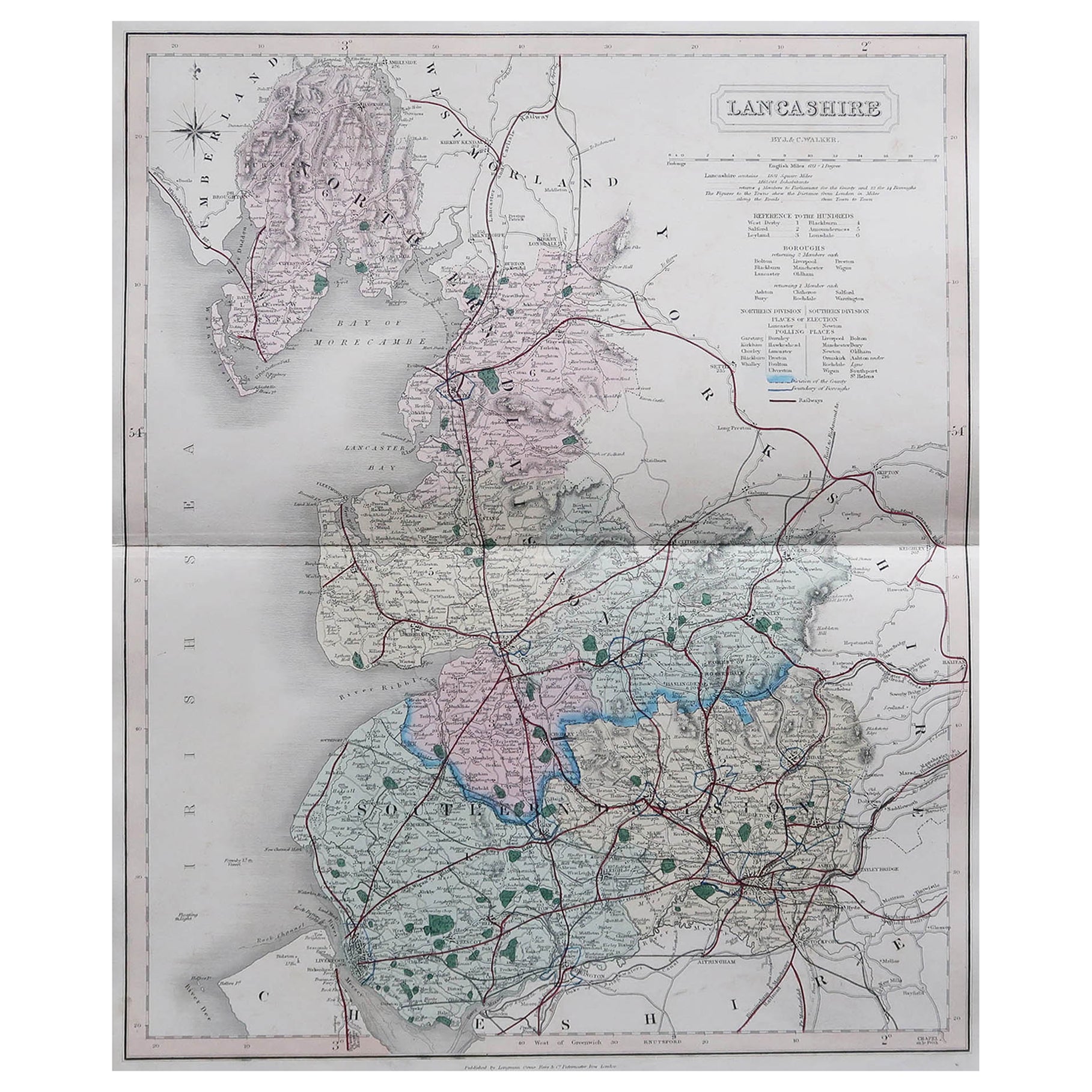 Original Antique English County Map, Lancashire, J & C Walker, 1851 For Sale