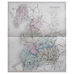 Original Antique English County Map, Lancashire, J & C Walker, 1851