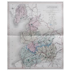 Carte originale et ancienne du comté d'Angleterre, Lancashire, J & C Walker, 1851