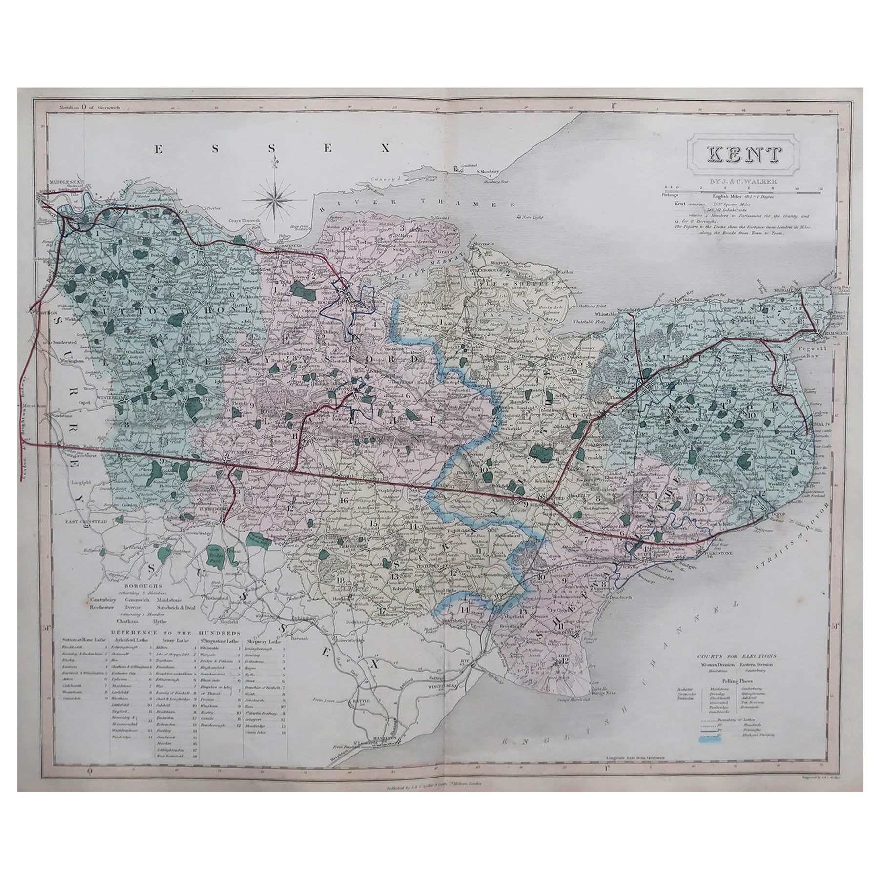 Original Antique English County Map, Kent. J & C Walker, 1851 For Sale