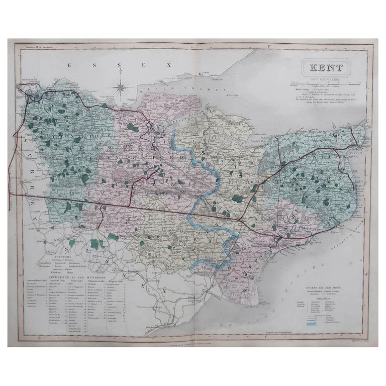 Original Antique English County Map, Kent. J and C Walker, 1851 En ...