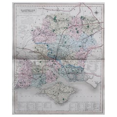 Original Antique English County Map, Hampshire, J & C Walker, 1851