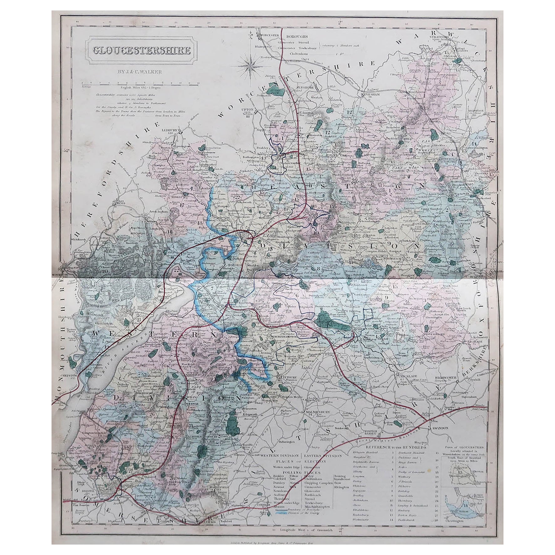 Carte originale et ancienne du comté d'Angleterre, Gloucestershire, J & C Walker, 1851