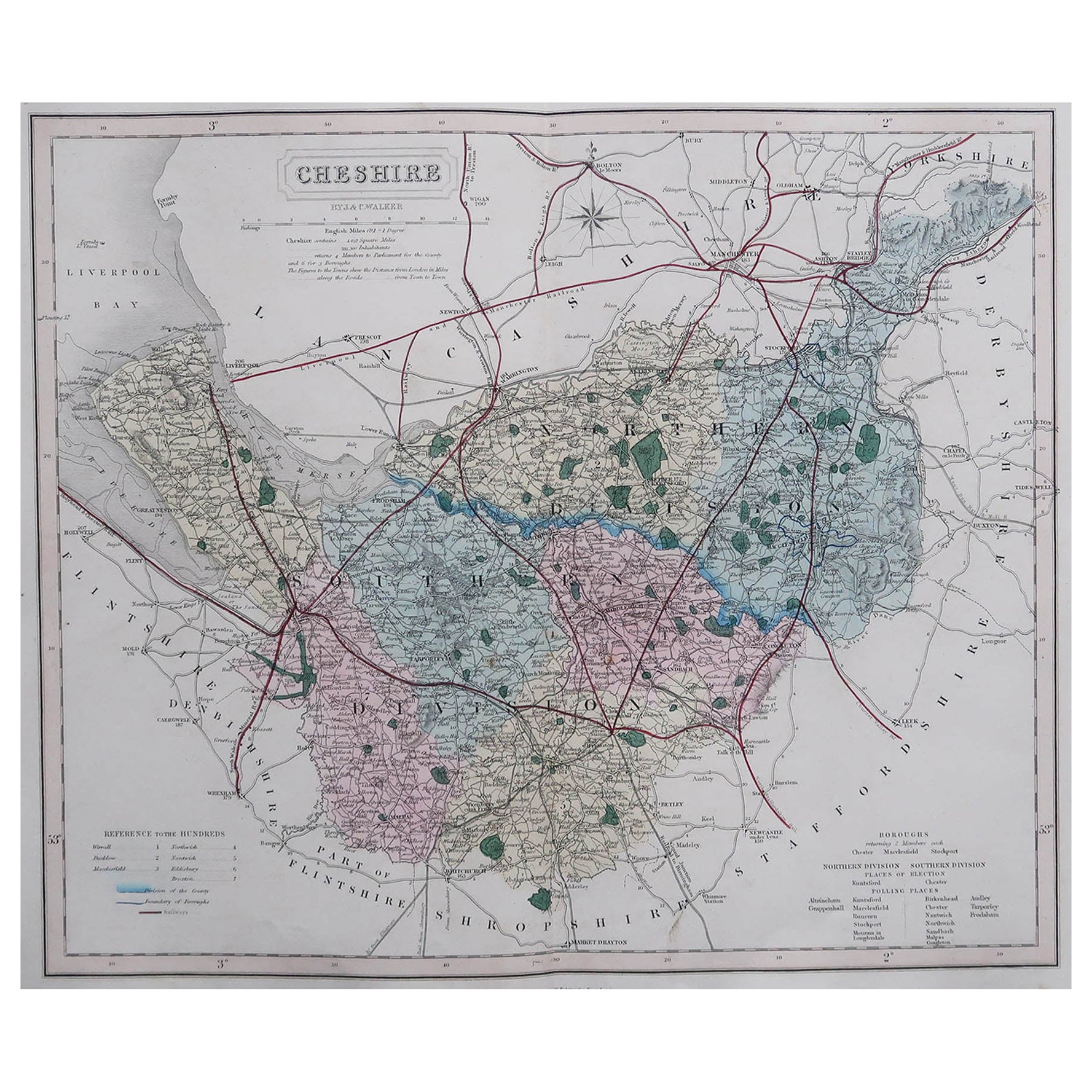 Original Antique English County Map, Cheshire, J & C Walker, 1851