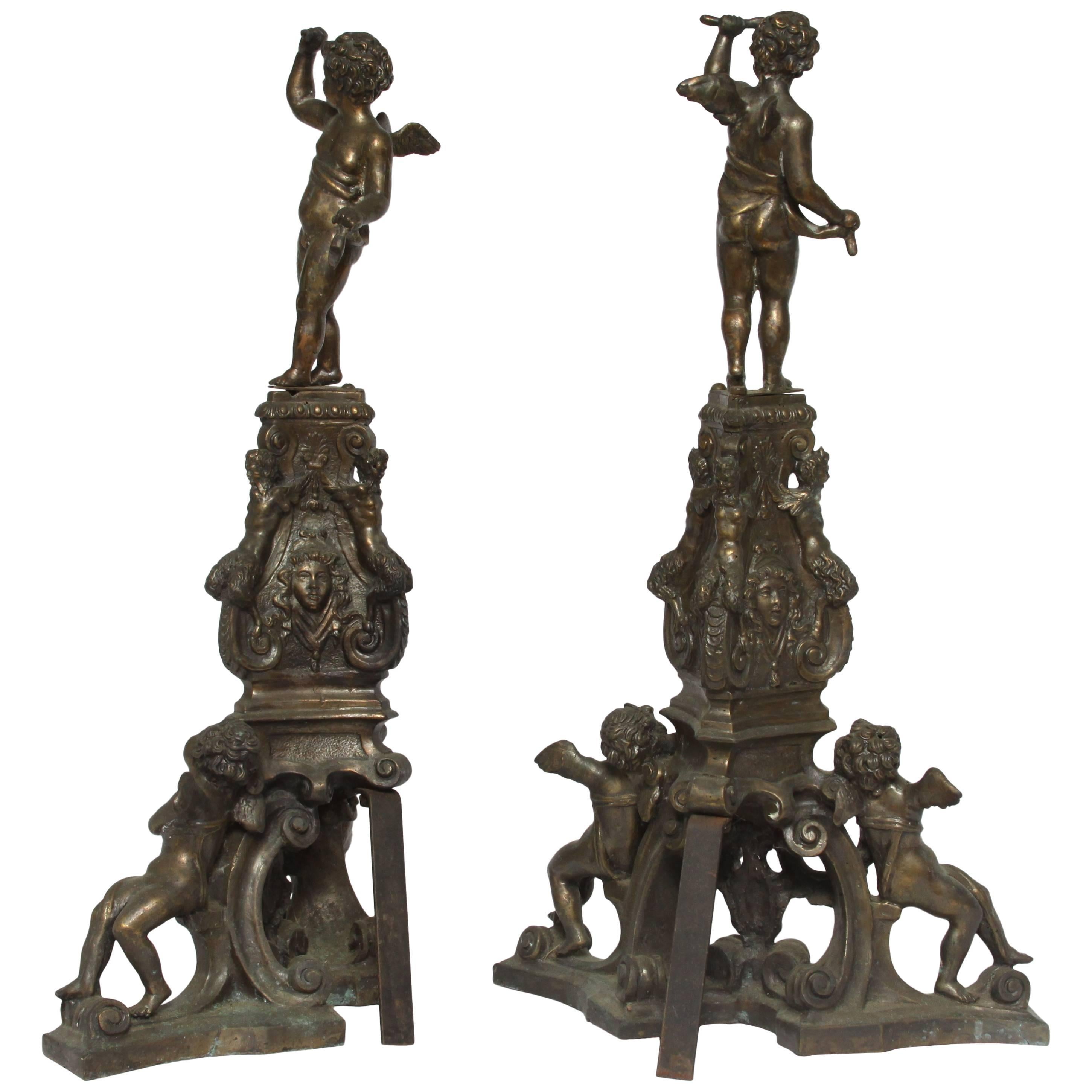 Pair of Baroque Style Bronze Andirons For Sale