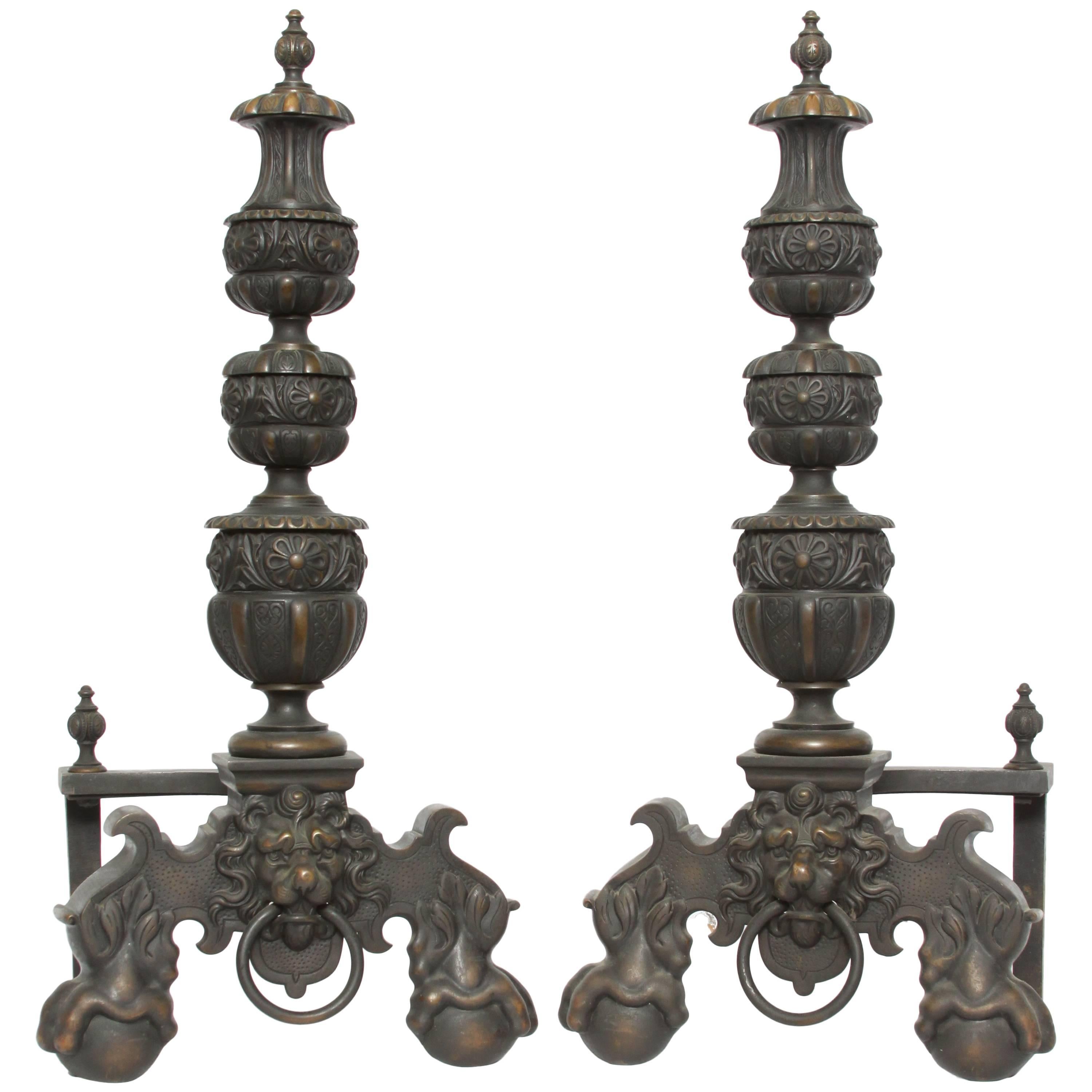 Pair of Bronze Baroque Style Andirons