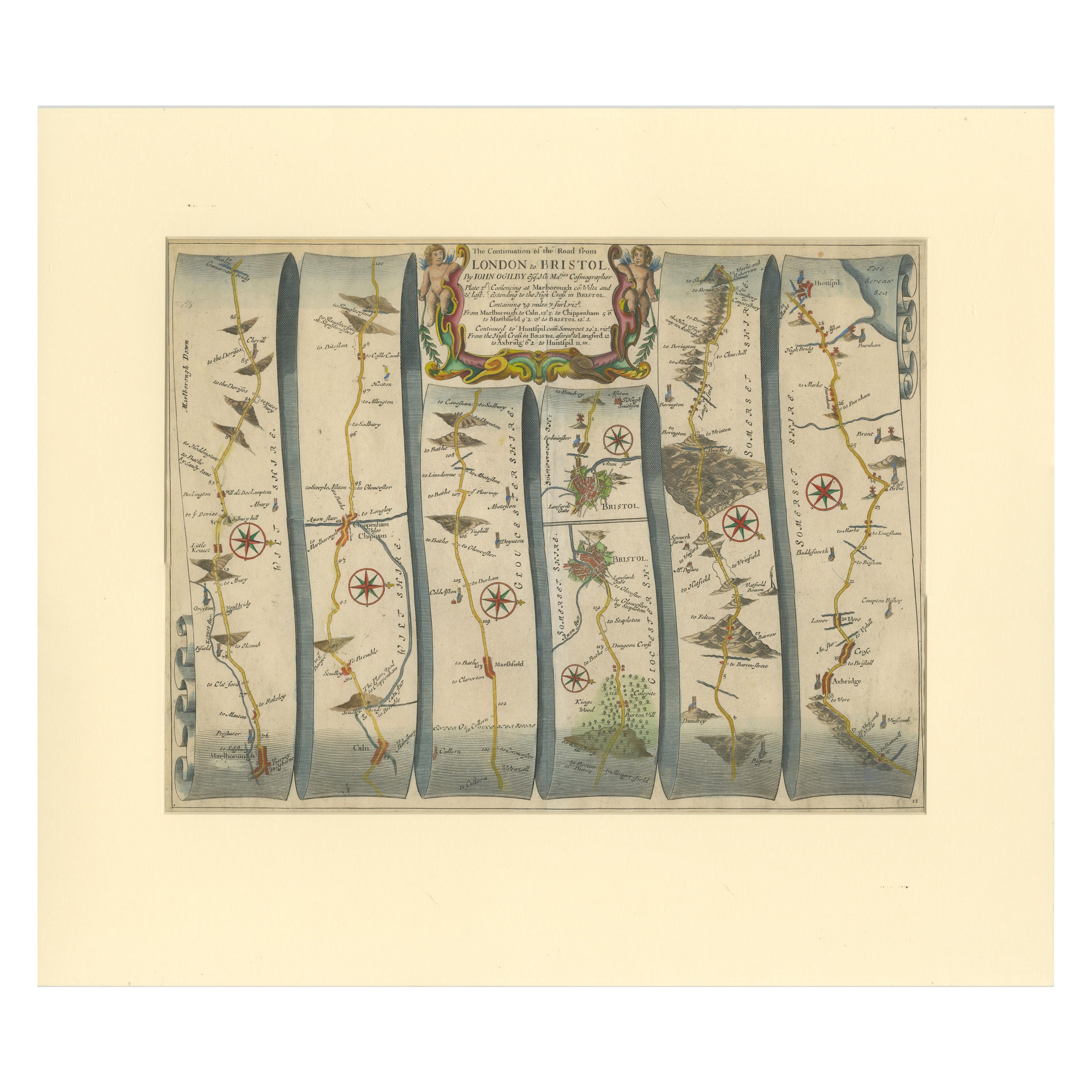 Original Antique Map of the Road from Marlborough to Huntspil For Sale