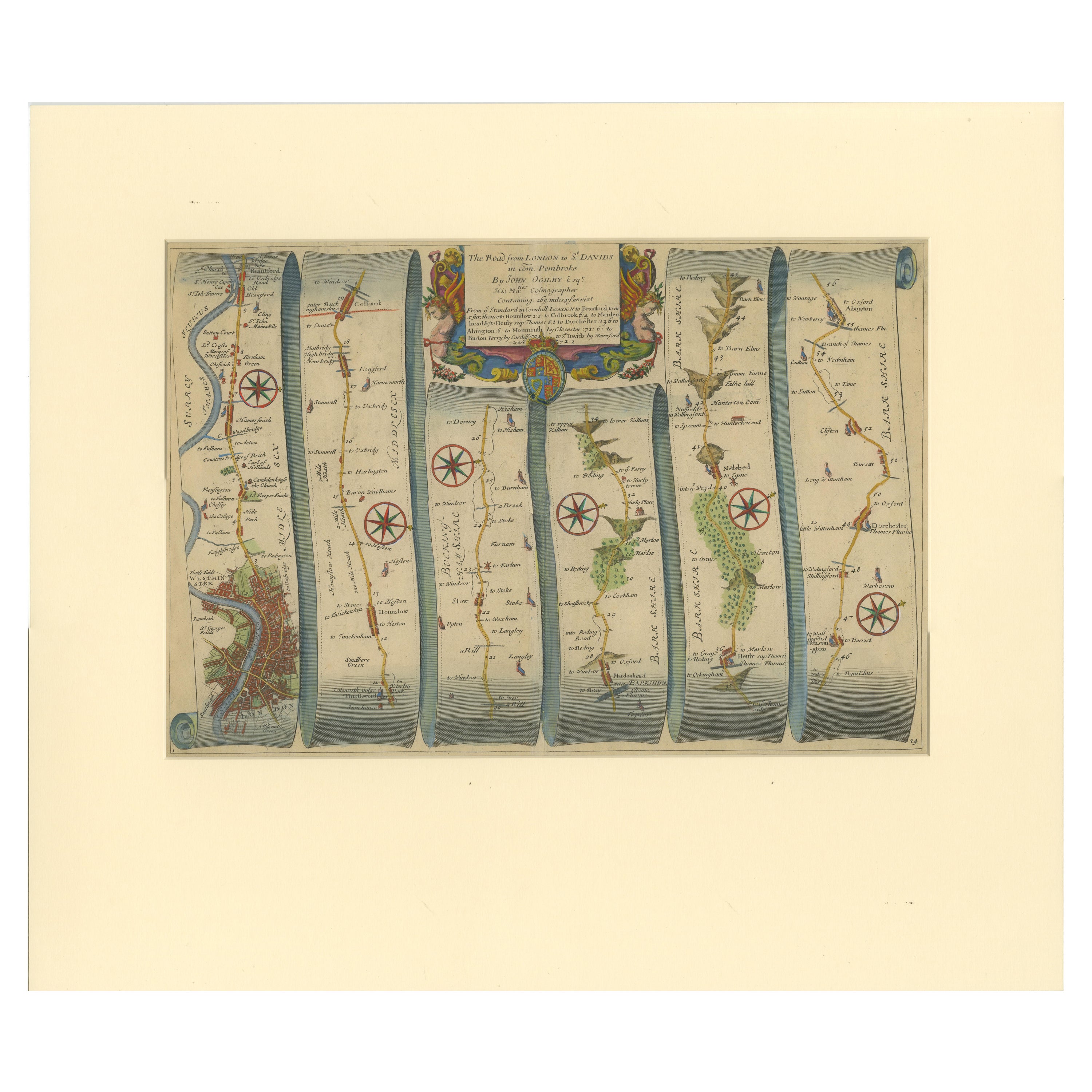 Original Antique Map of the Road from London to Bensington For Sale