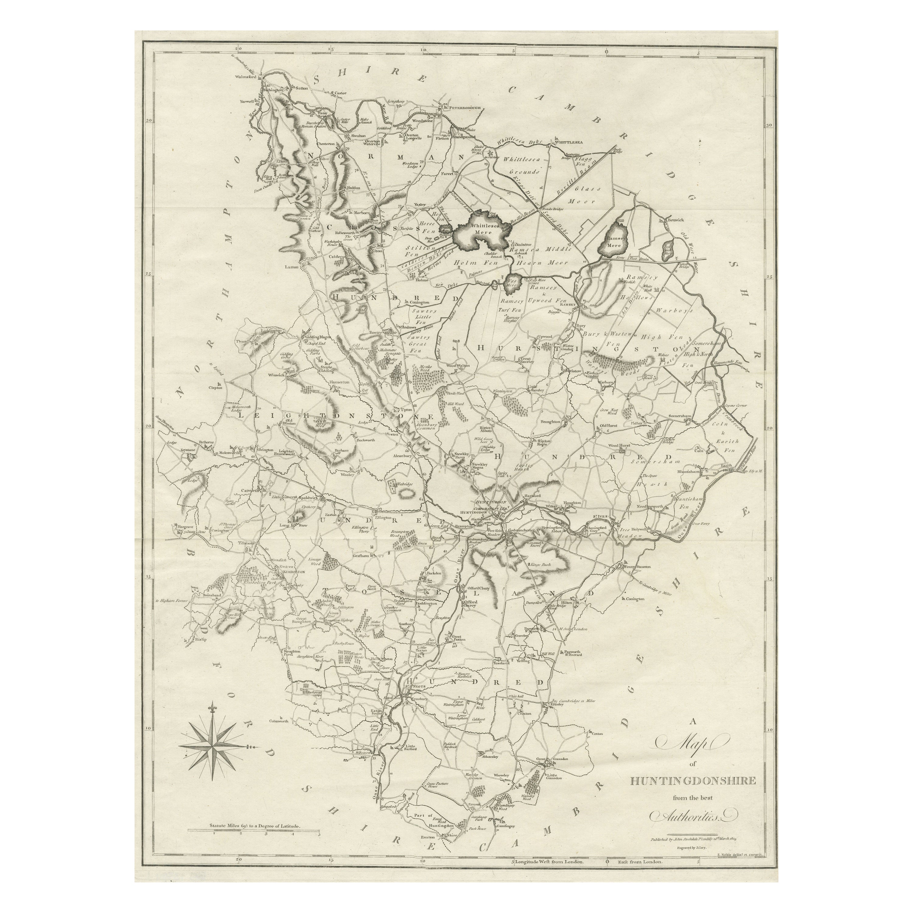 Grande carte ancienne du comté de Huntingdonshire, Angleterre en vente