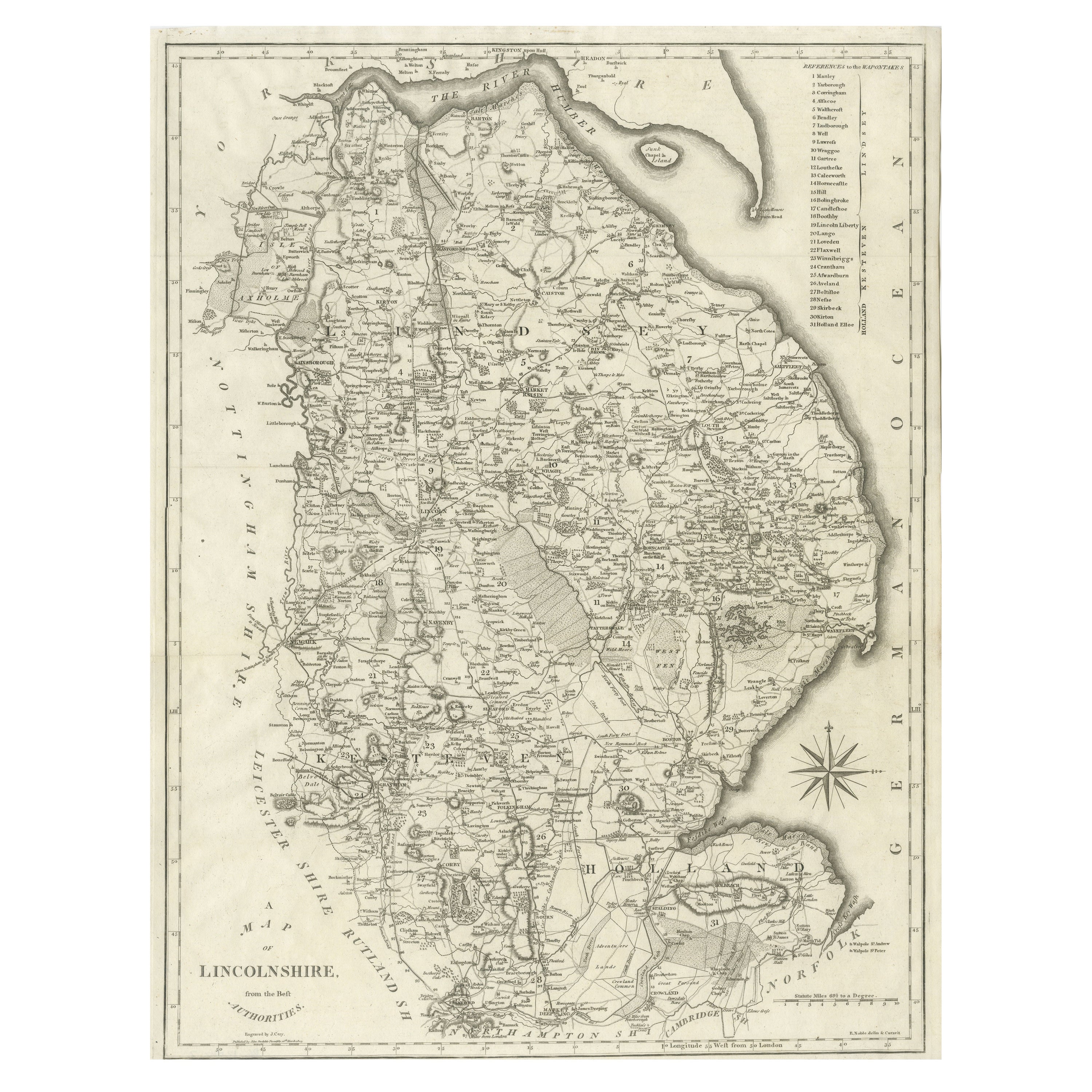Grande carte ancienne du comté de Lincolnshire, Angleterre