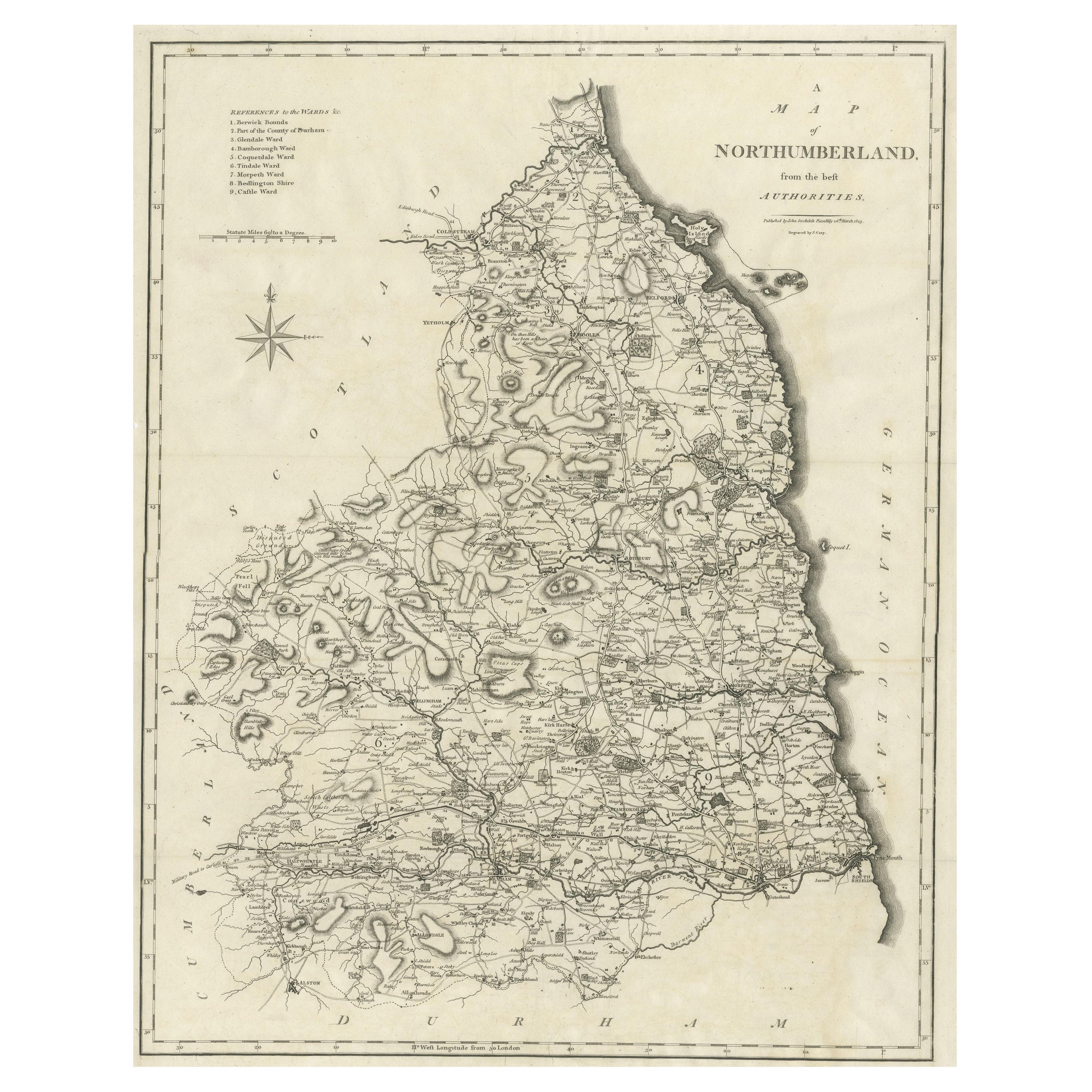 Large Antique County Map of Northumberland, England For Sale