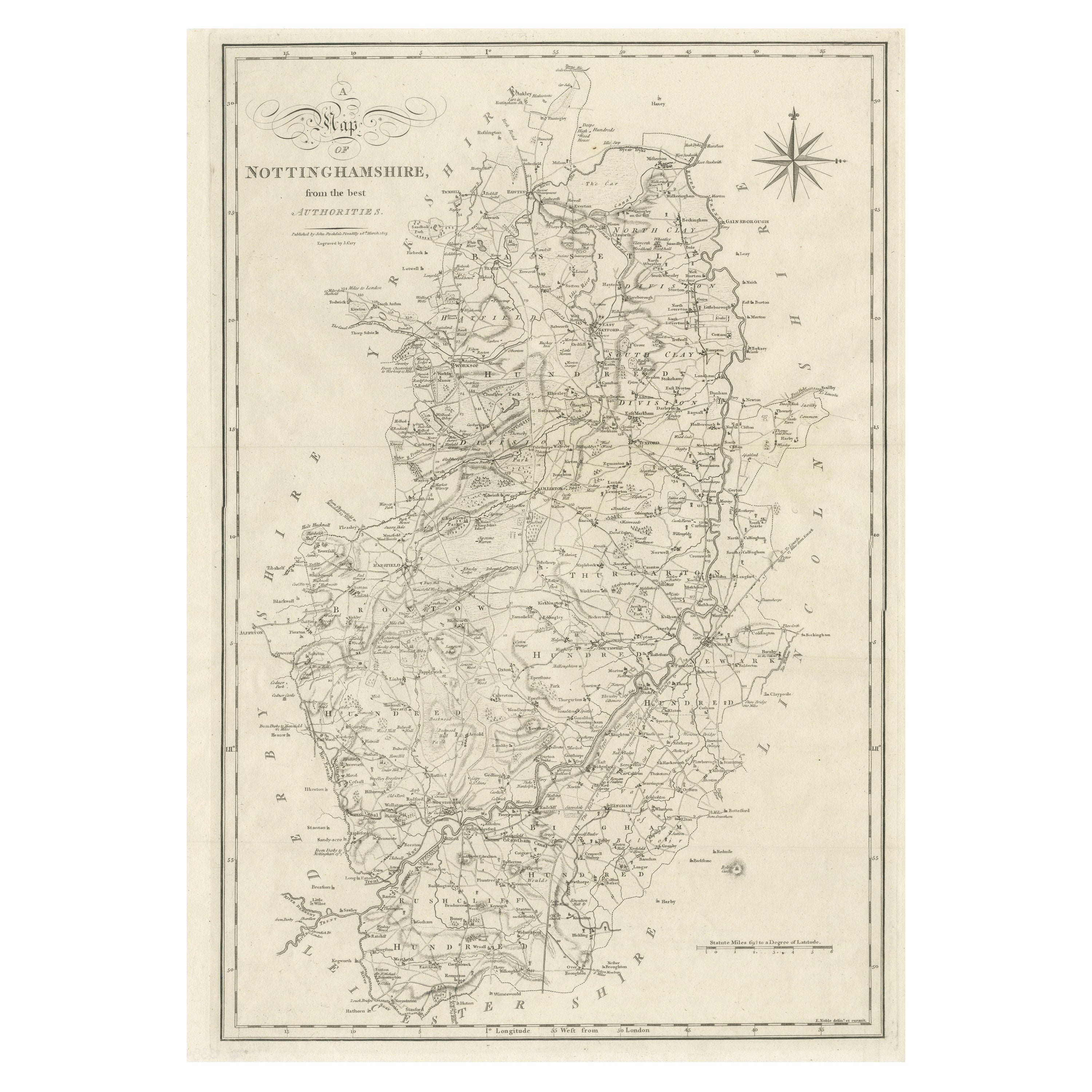 Large Antique County Map of Nottinghamshire, England For Sale