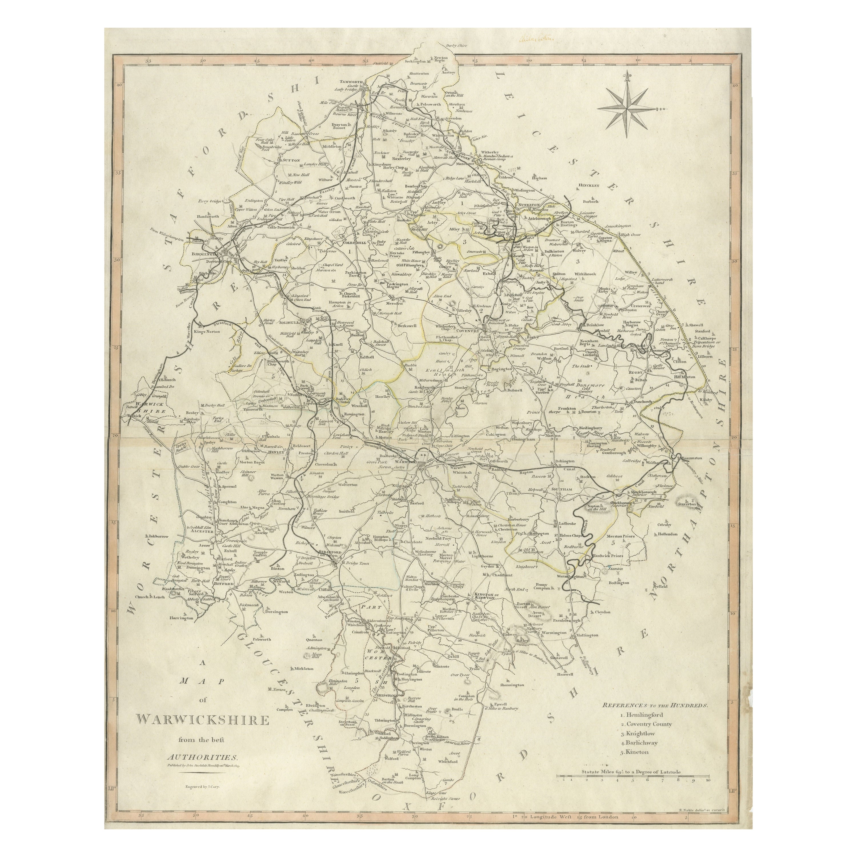 Grande carte ancienne du comté de Warwickshire, Angleterre, colorée à la main