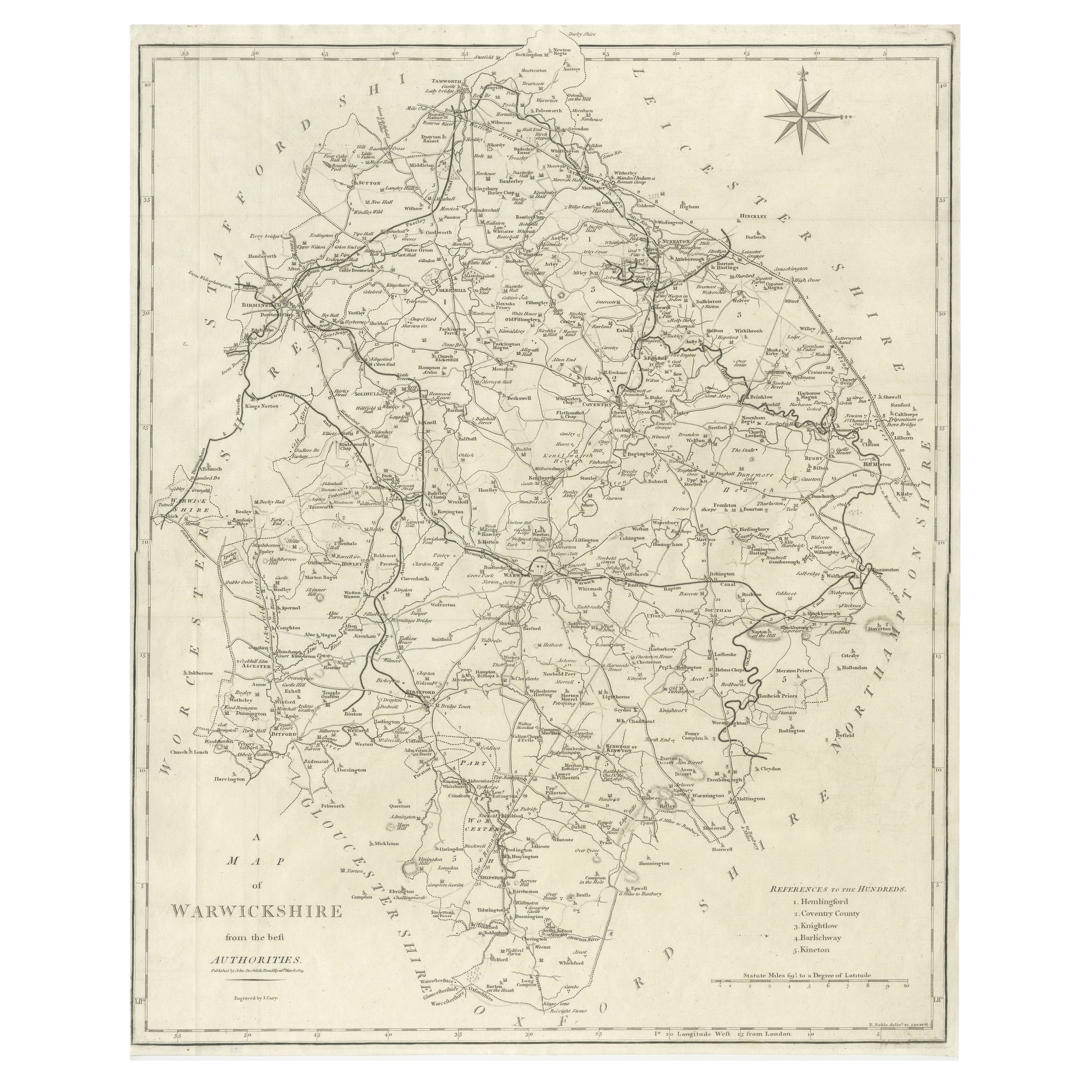 Grande carte ancienne du comté de Warwickshire, Angleterre