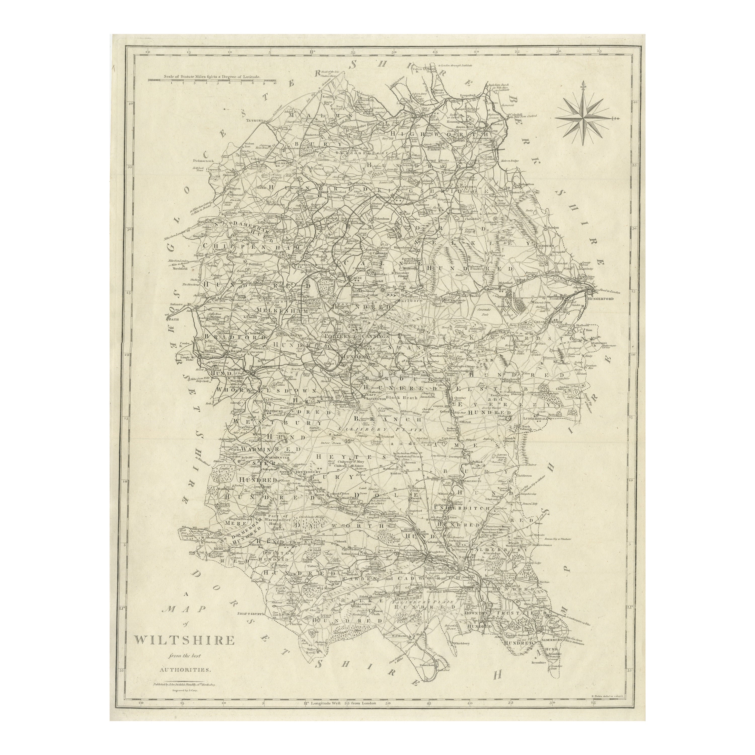 Large Antique County Map of Wiltshire, England, 1805 For Sale
