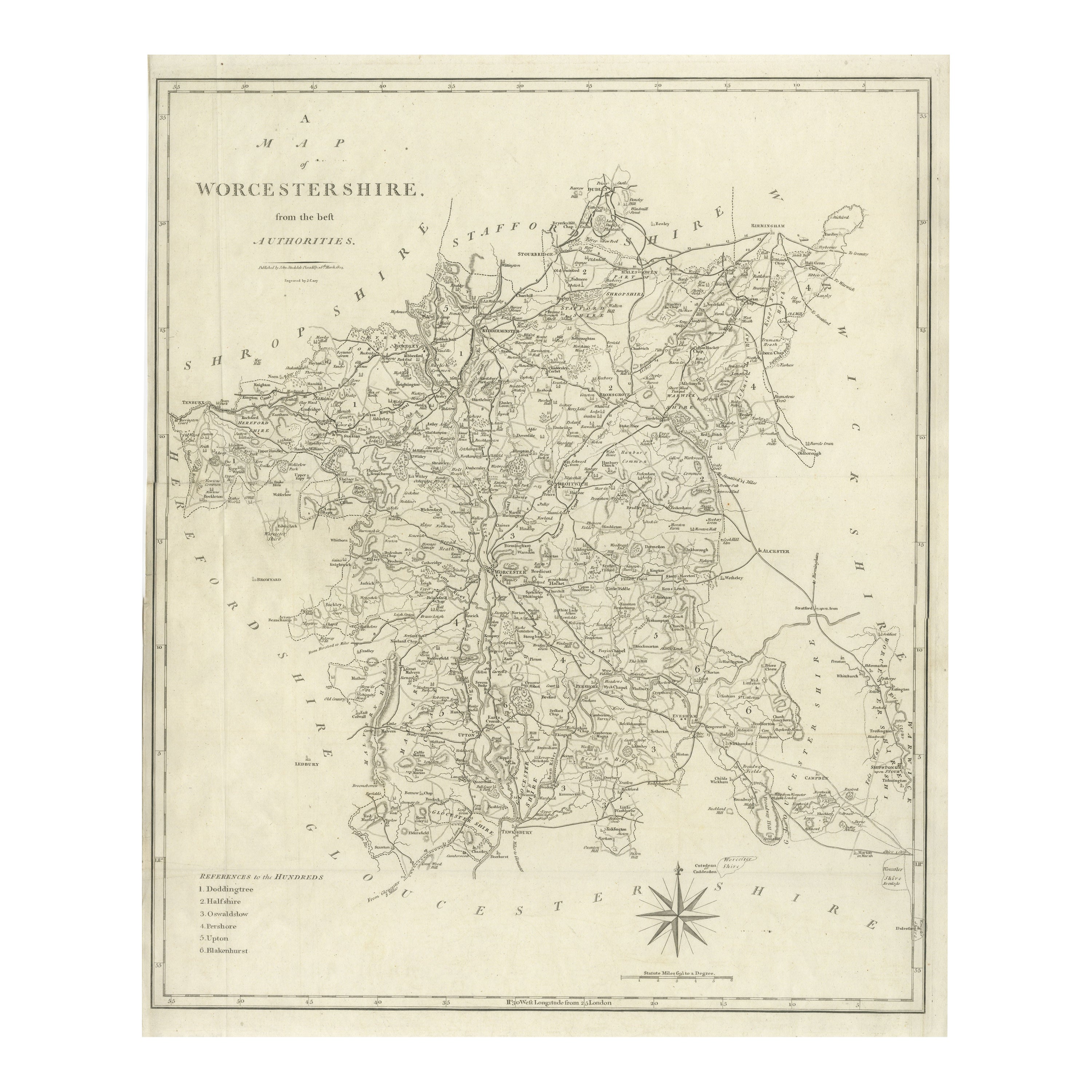 Grande carte ancienne du comté de Worcestershire, Angleterre