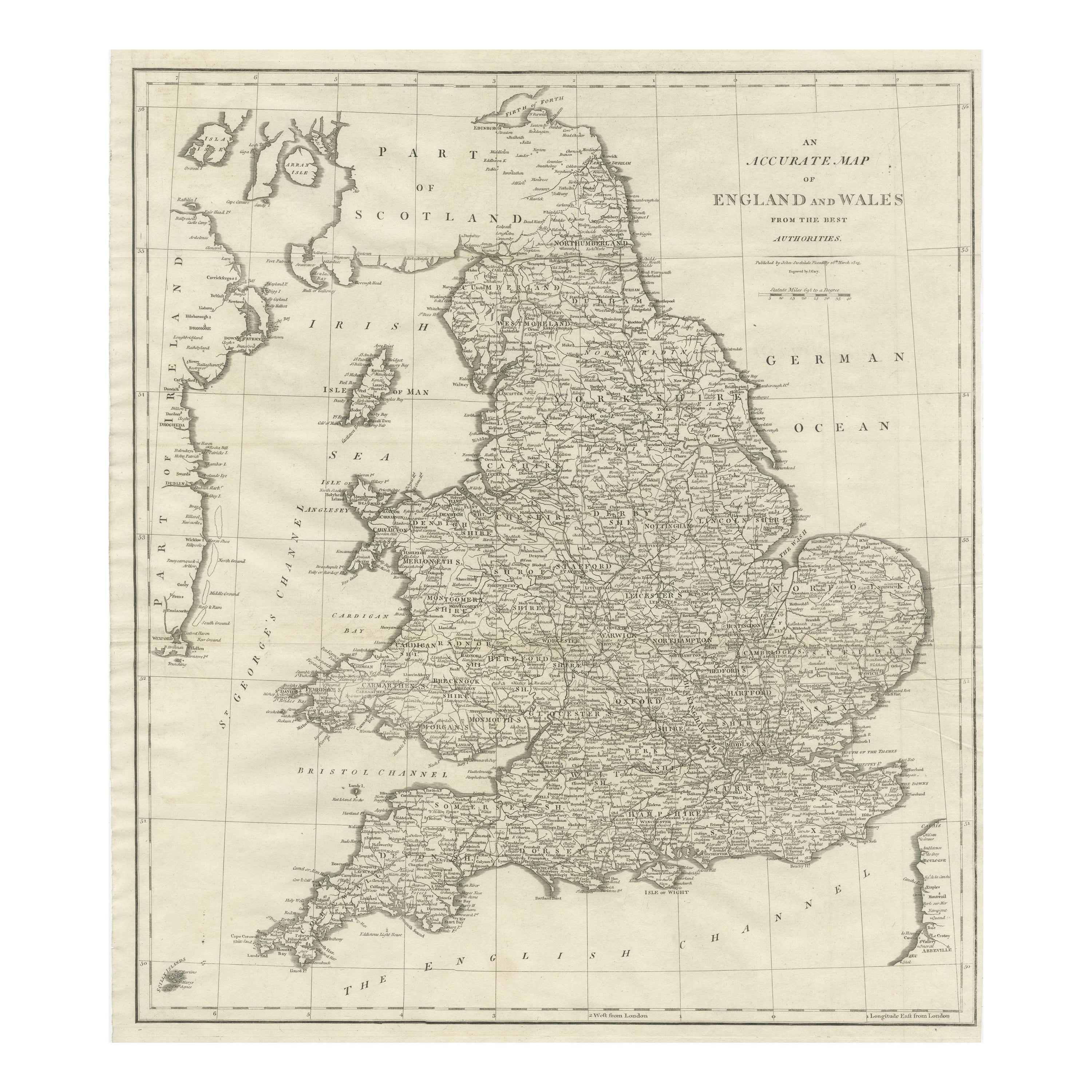 Grande carte ancienne d'Angleterre et de Pays de Galles en vente