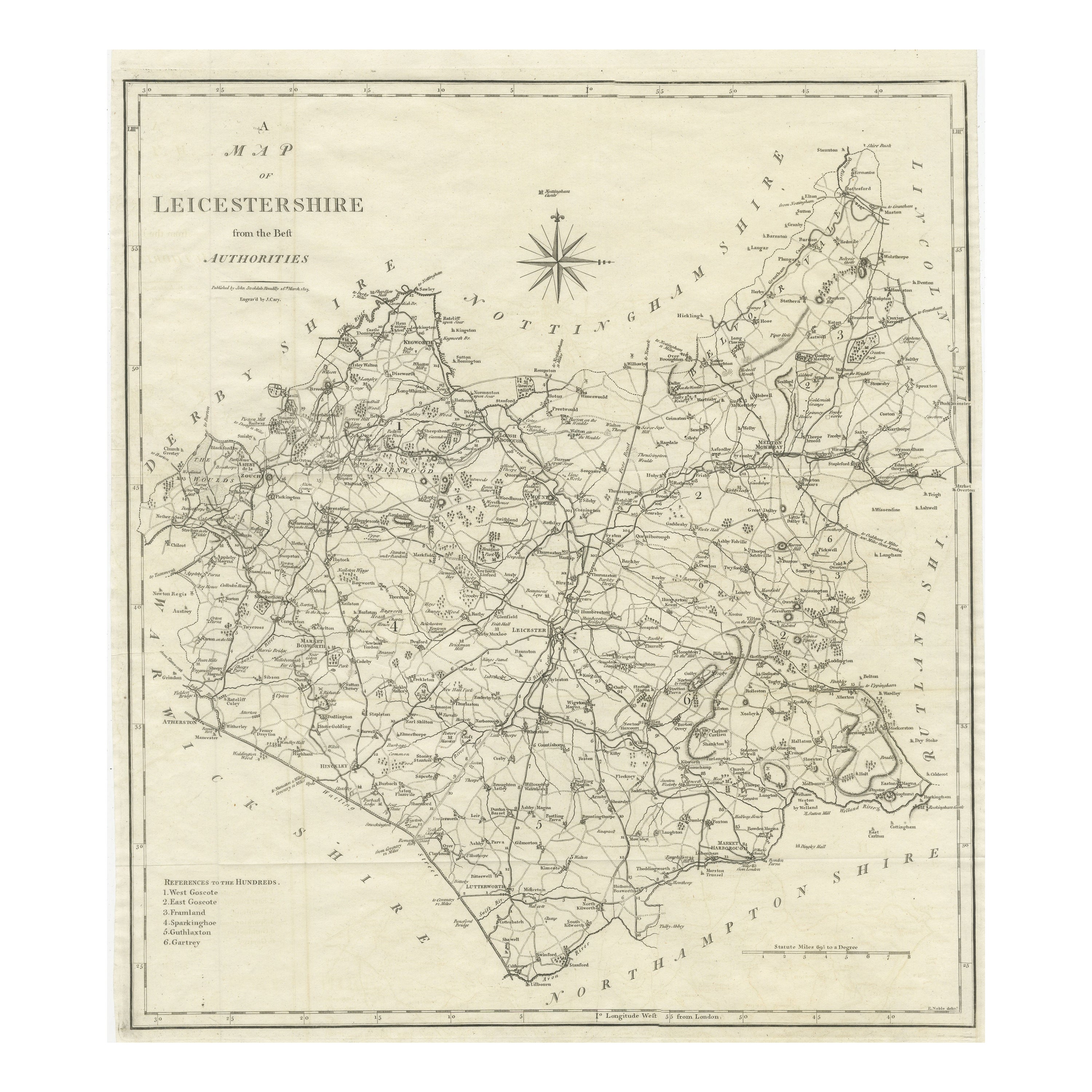 Large Antique County Map of Leicestershire, England, 1805 For Sale