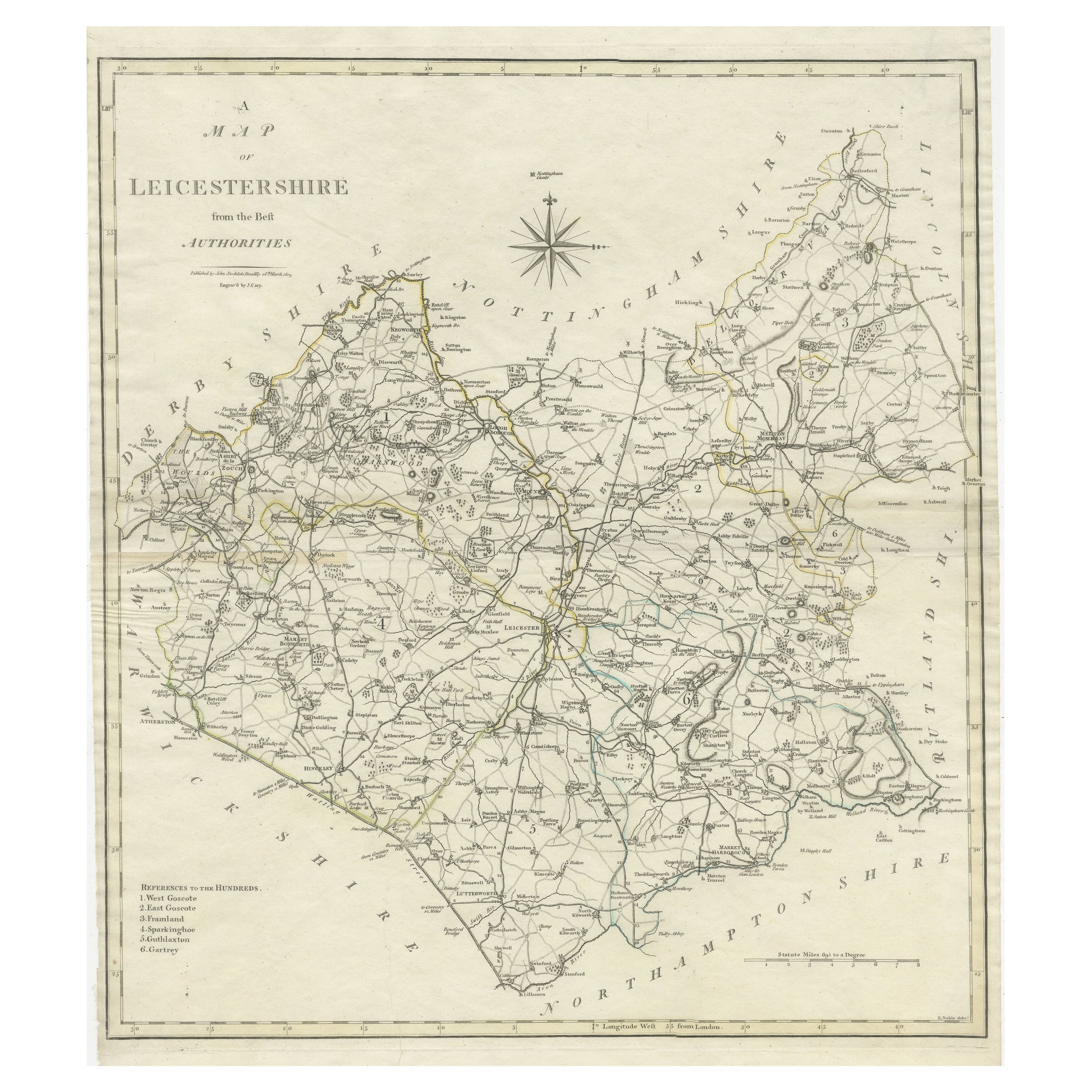 Large Antique County Map of Leicestershire, England, with Outline Coloring For Sale