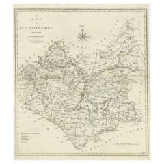 Grande carte ancienne du comté de Leicestershire, Angleterre, avec des couleurs générales