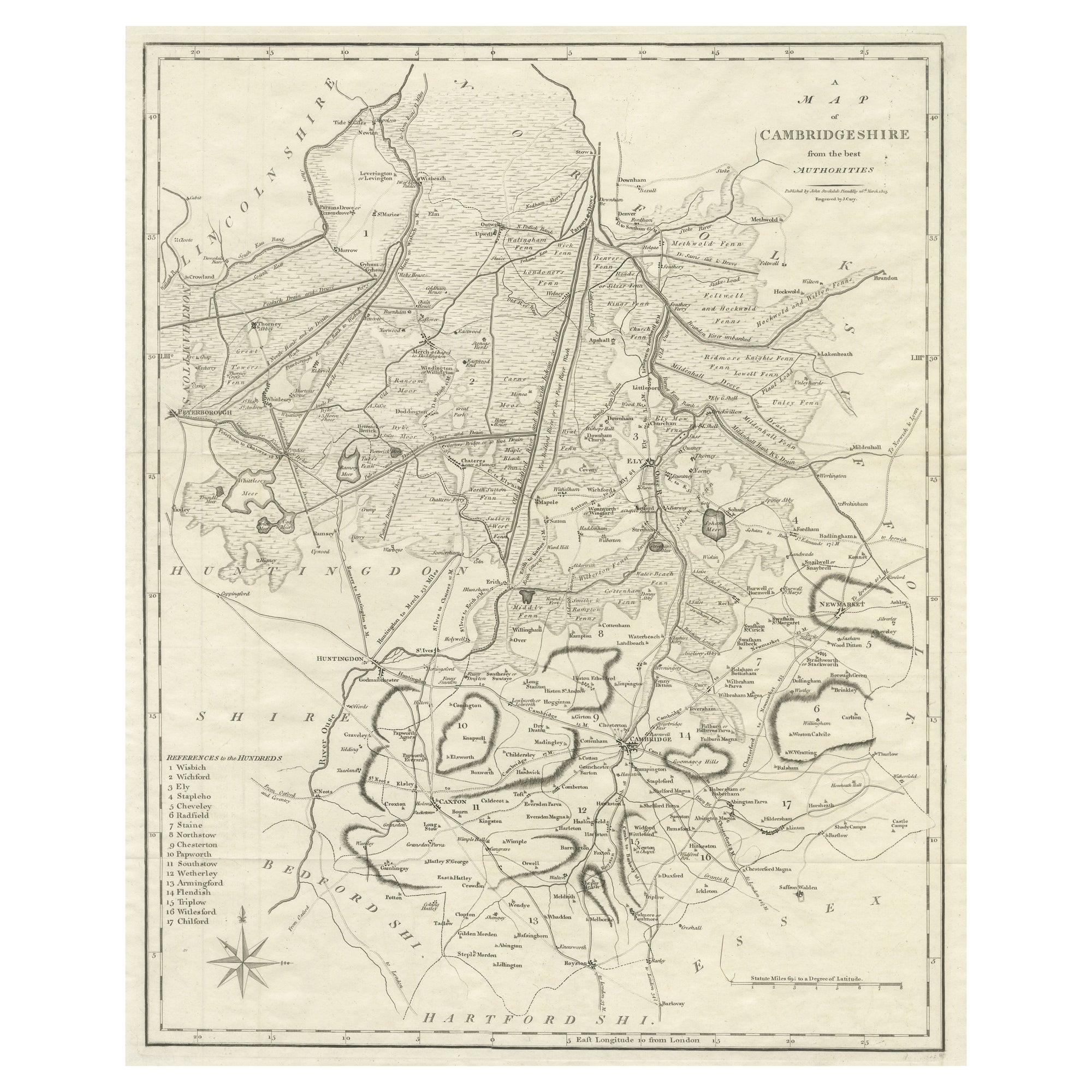 Large Antique County Map of Cambridgeshire, England For Sale