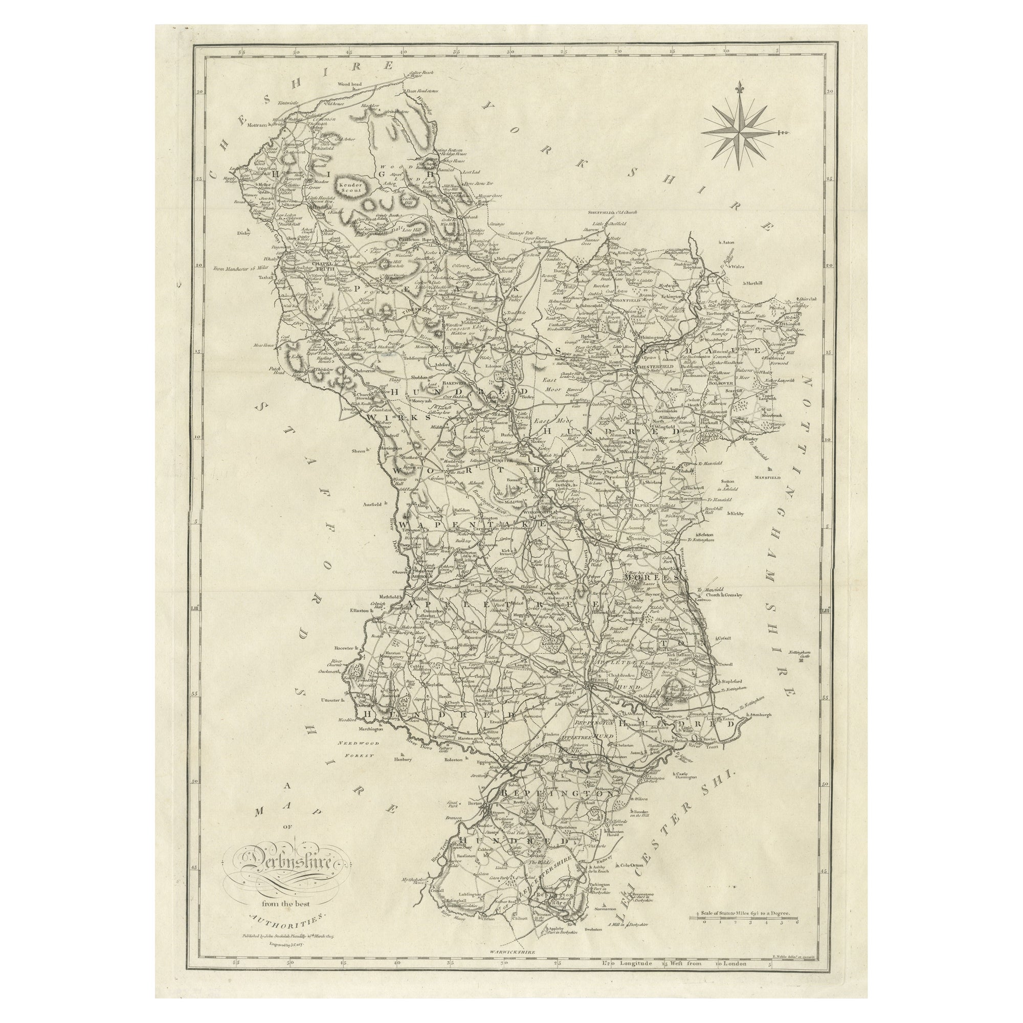 Large Antique County Map of Derbyshire, England For Sale